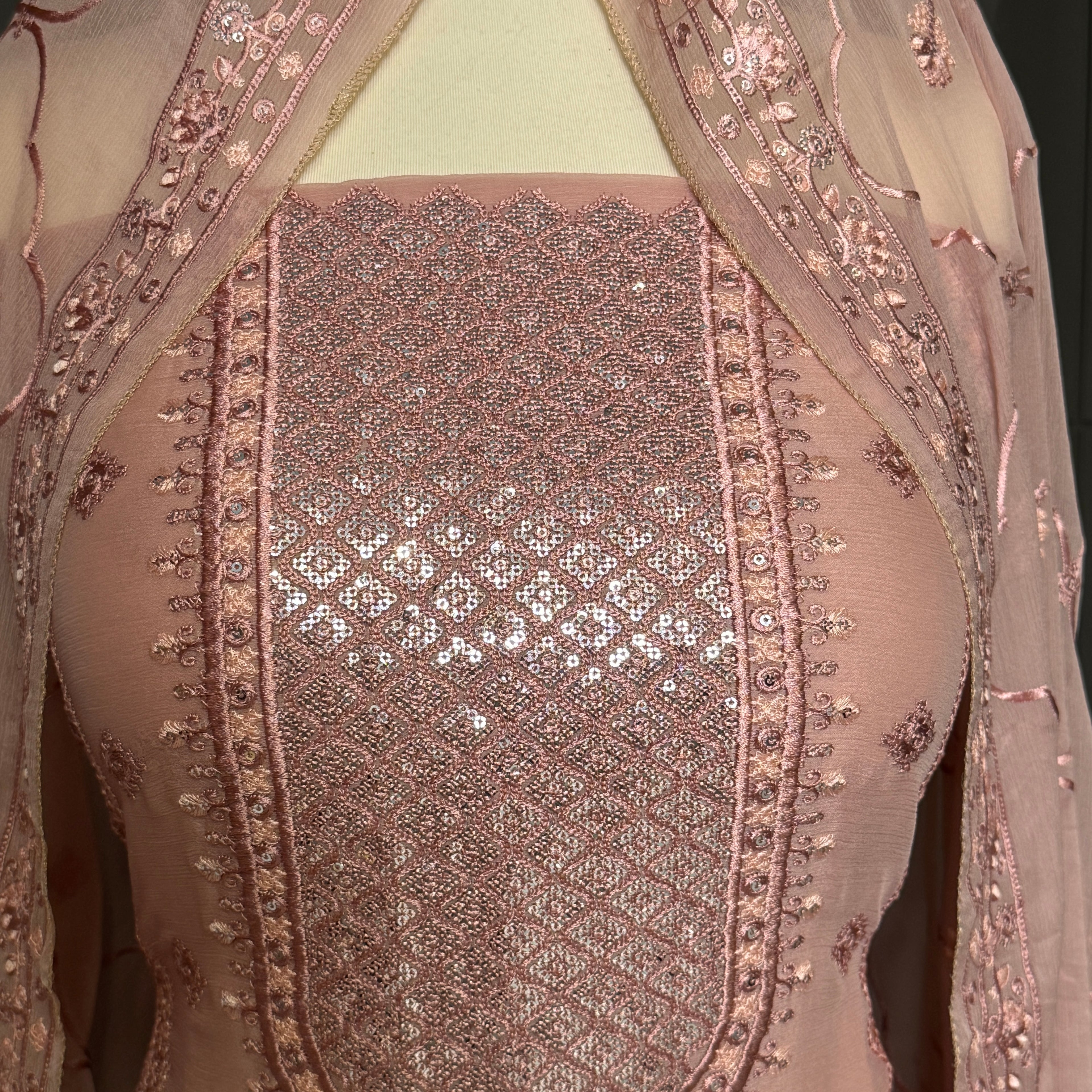 Thread work designs PWT002 shirt close up – embroidery thread work detail on crinkle chiffon fabric
