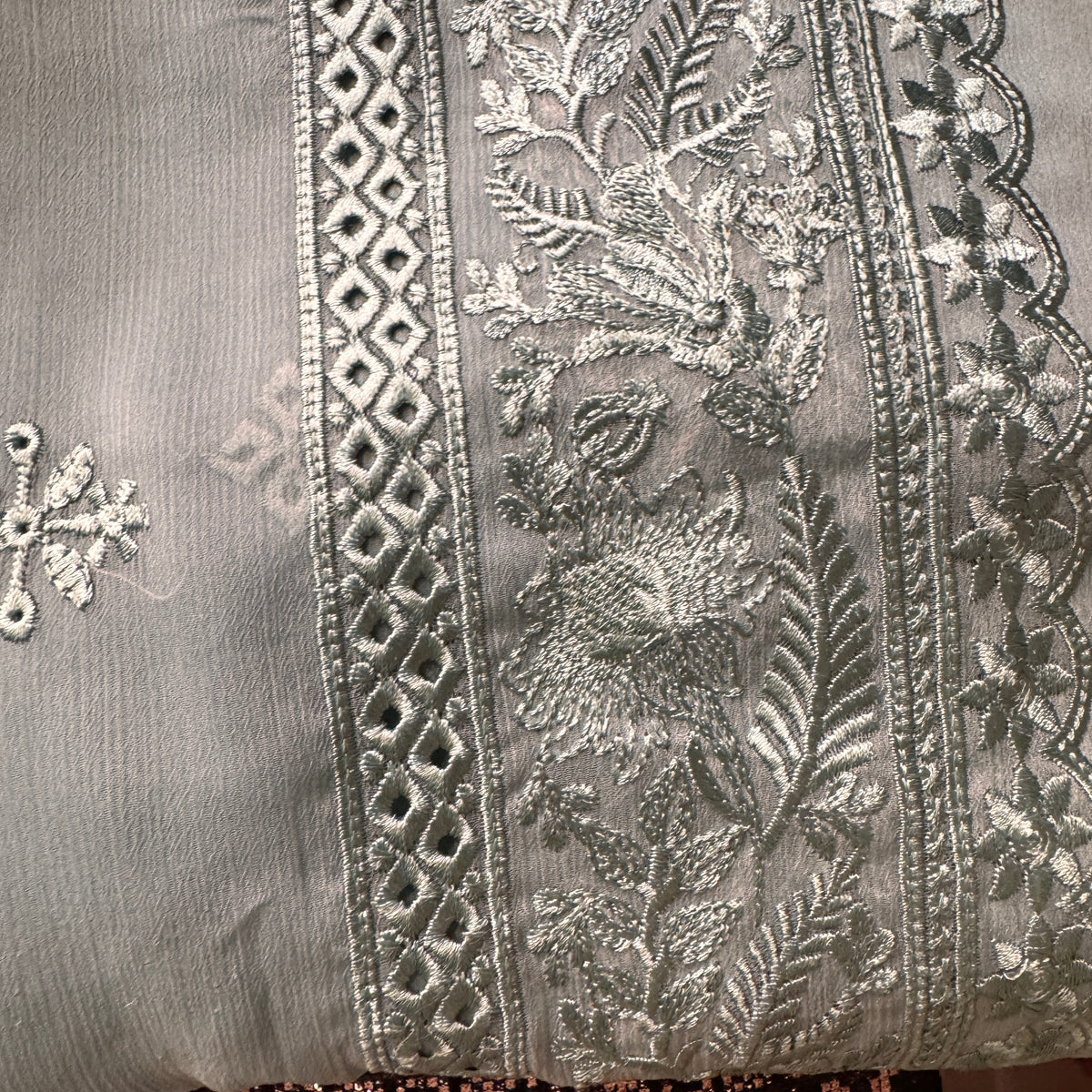 Thread work dress for women PWT003 grey – crinkle chiffon with embroidery thread work and grip fabric inner Pakistan
