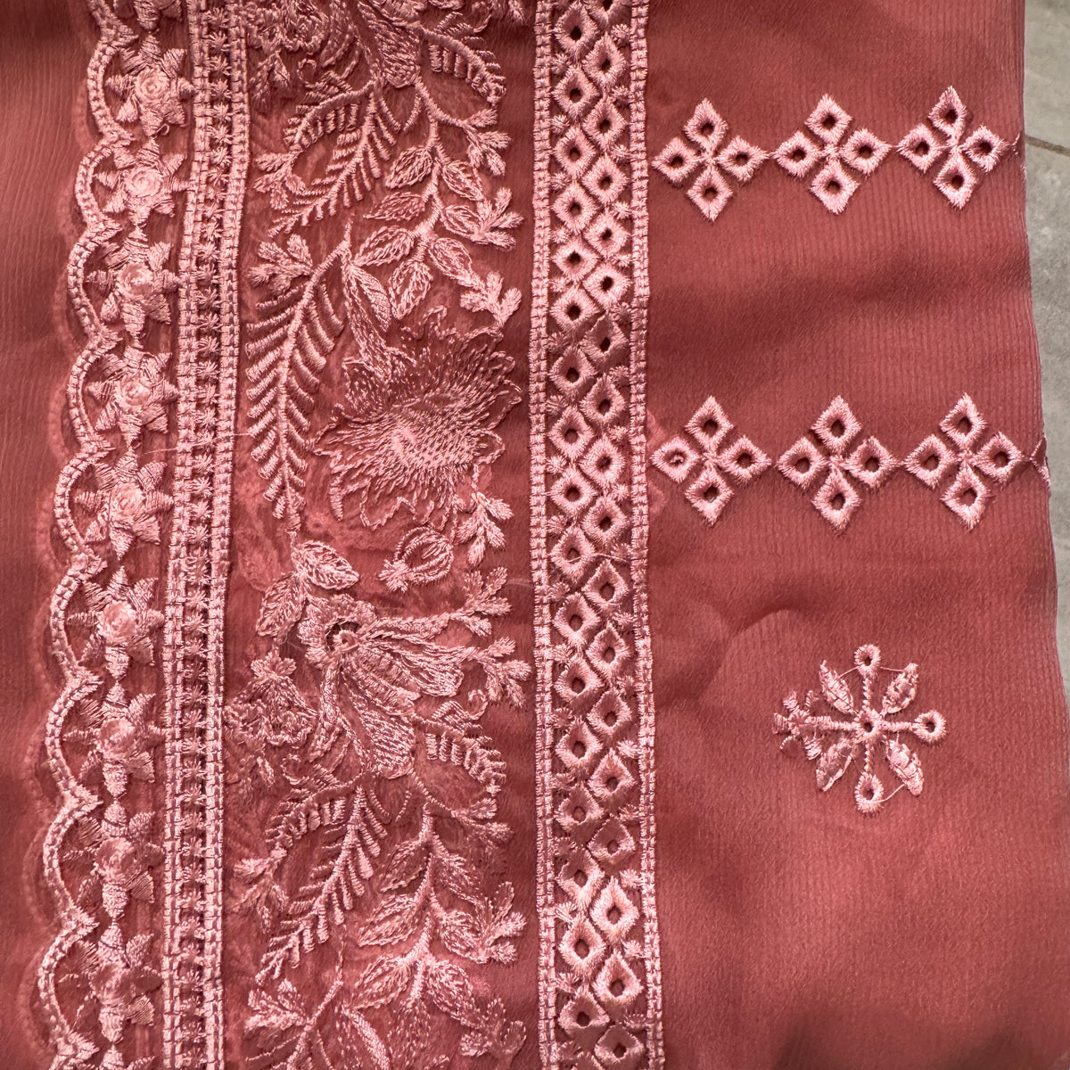 Crinkle chiffon suit PWT003 rust – crinkle chiffon with embroidery thread work and grip fabric inner Pakistan
