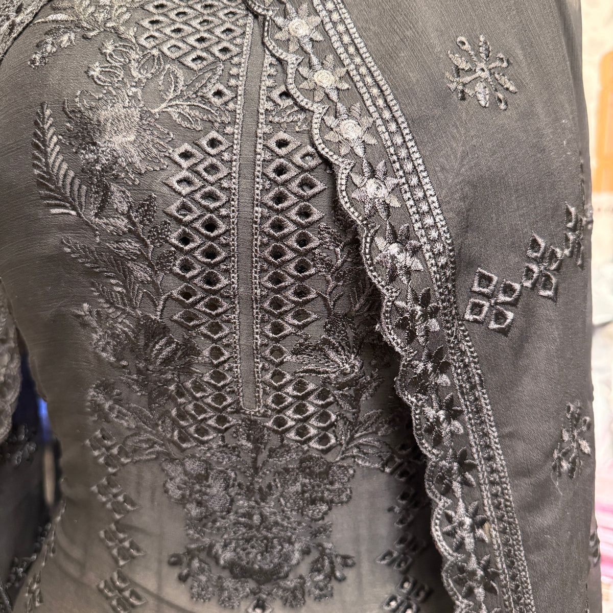 Thread work dresses PWT003 black – crinkle chiffon with embroidery thread work Pakistani thread work dress for women

