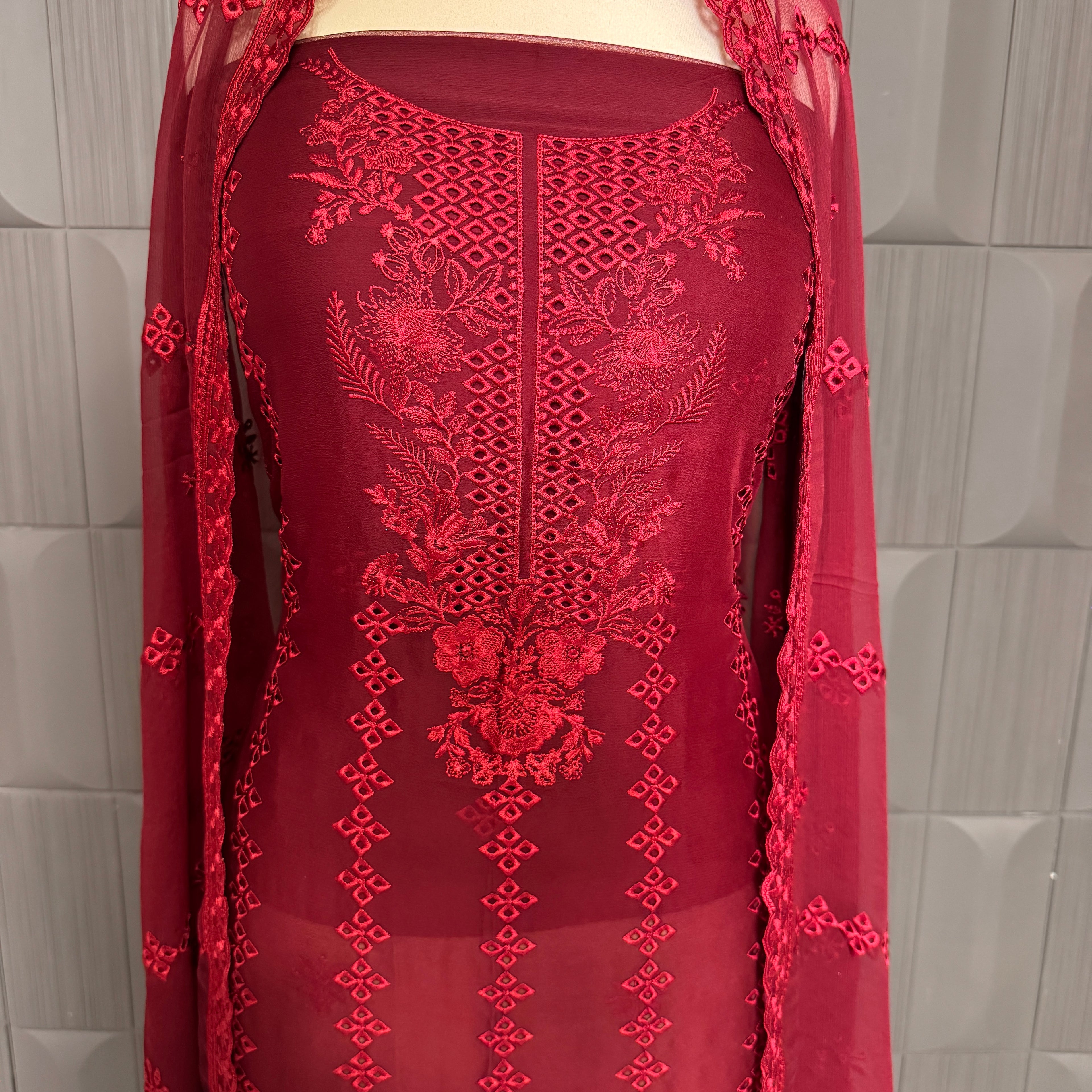 Thread work dresses PWT003 shirt view – crinkle chiffon with embroidery thread work Pakistani thread work suit design
