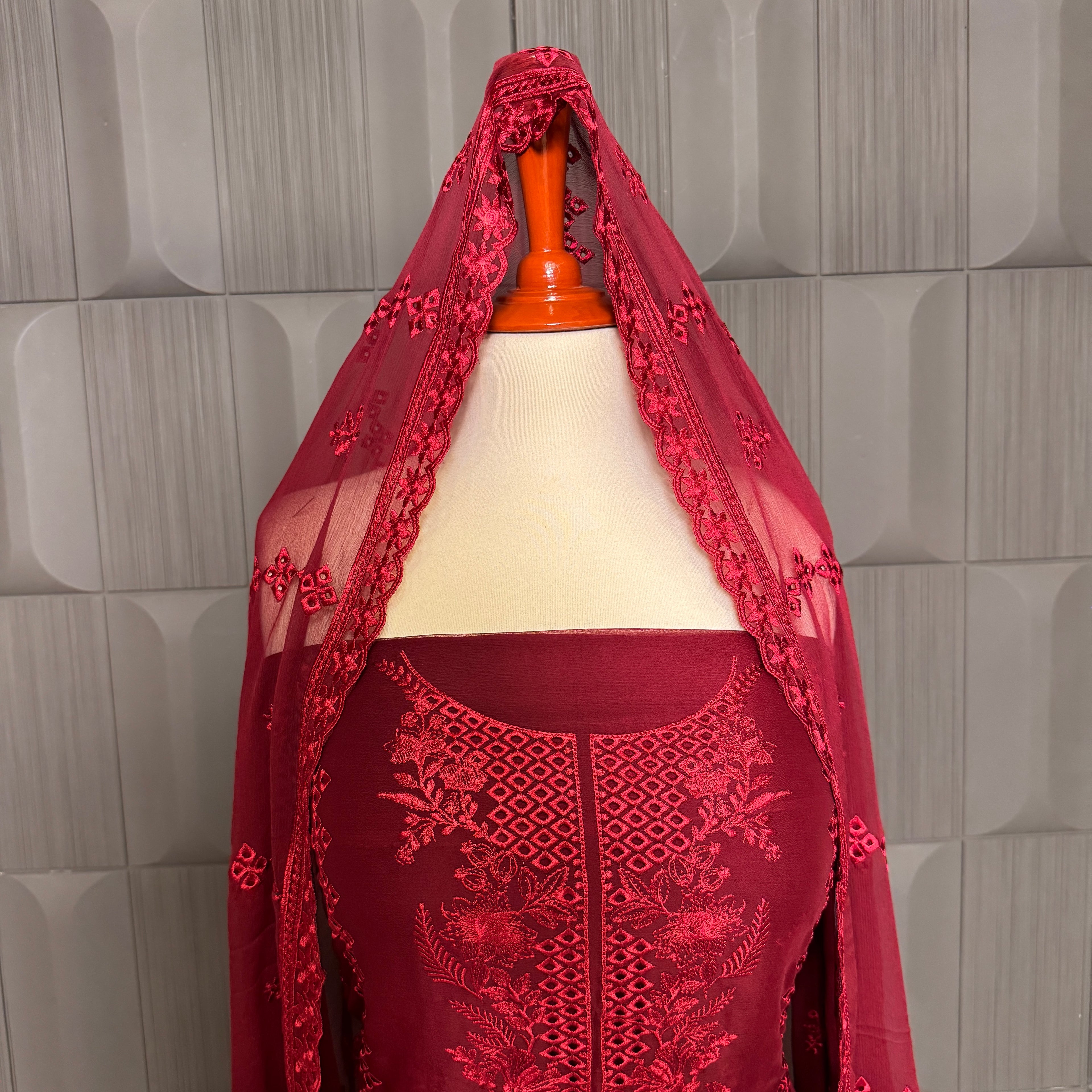 Thread work designs PWT003 shirt close up – embroidery thread work detail on crinkle chiffon fabric
