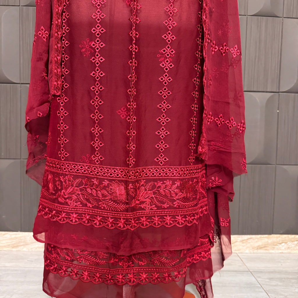 Thread work designs PWT003 shirt daman close up – embroidery thread work detail on crinkle chiffon fabric
