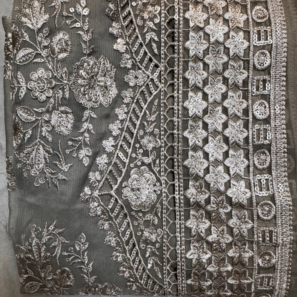 Thread work dresses PWT004 grey – crinkle chiffon with embroidery thread work Pakistani thread work dress for women
