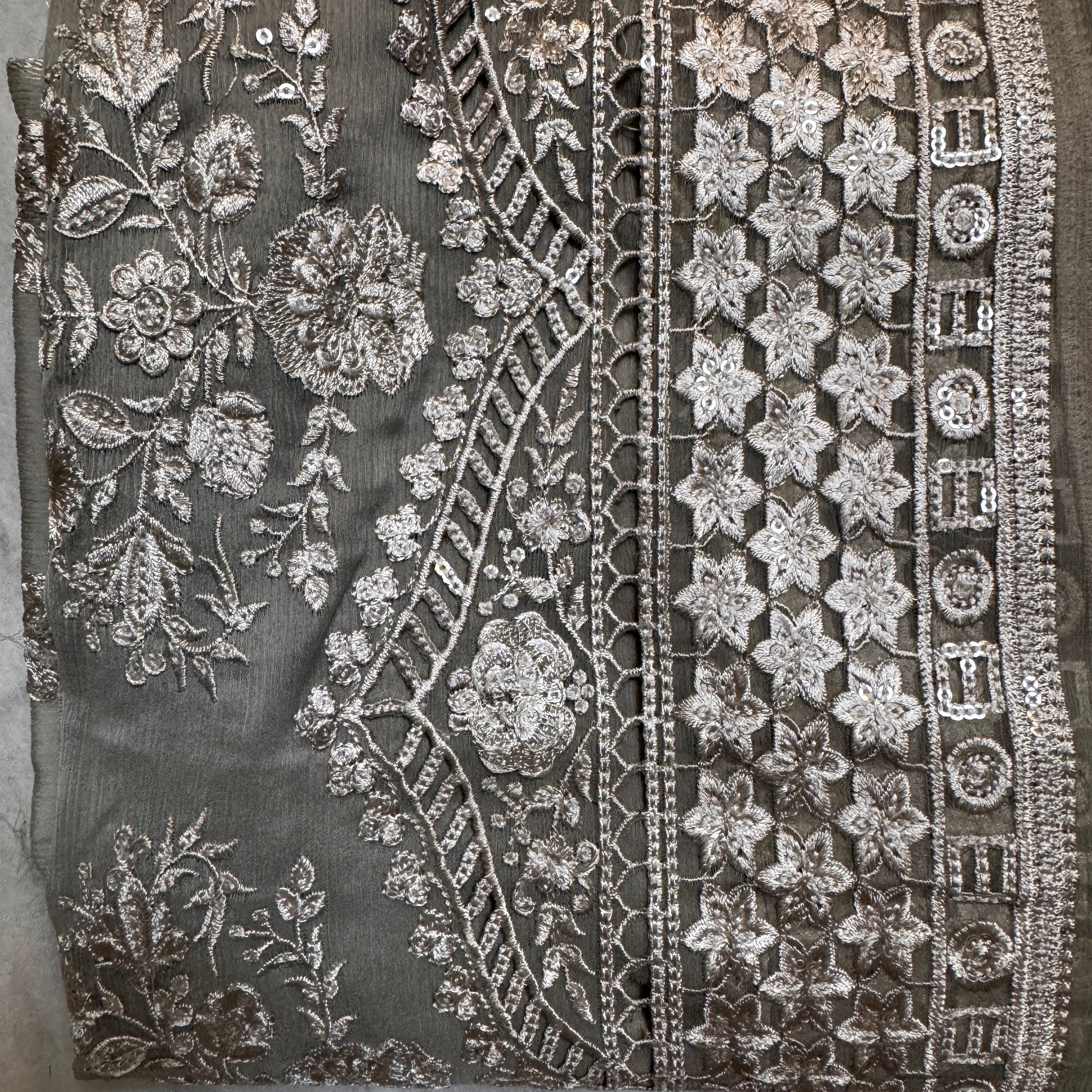 Thread work dresses PWT004 grey – crinkle chiffon with embroidery thread work Pakistani thread work dress for women
