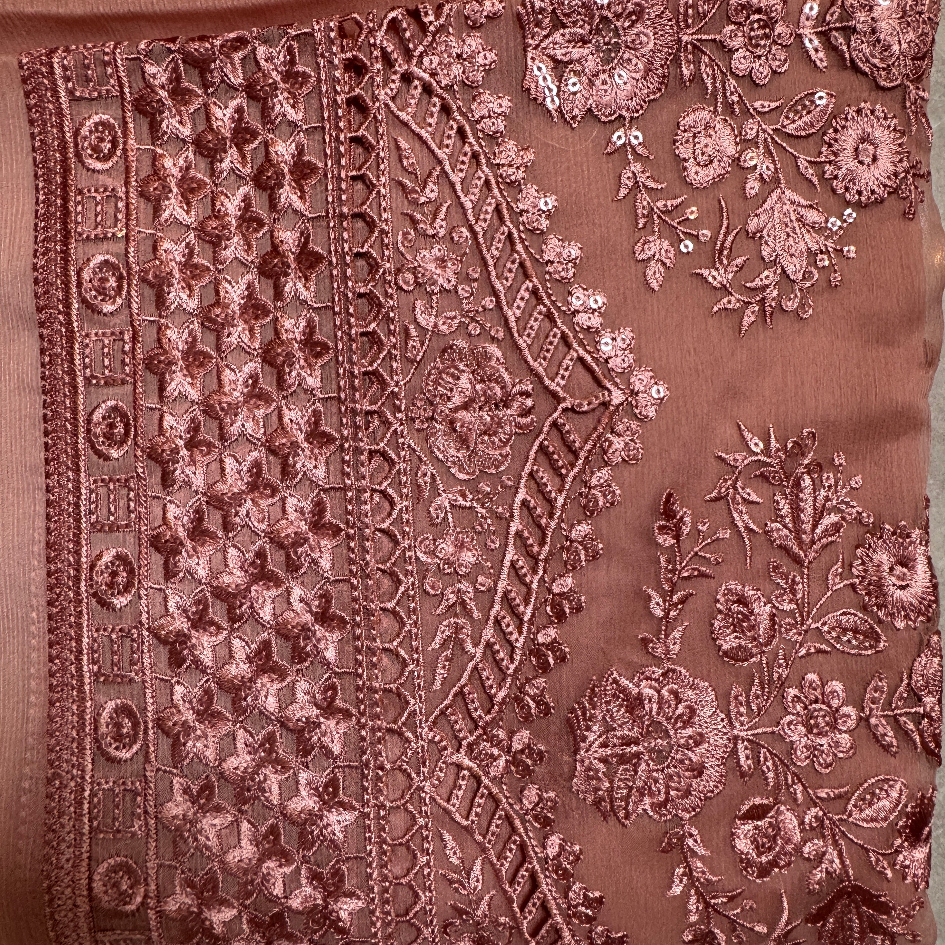 Thread work designs PWT004 tea pink – crinkle chiffon with embroidery thread work Pakistani thread work suit design
