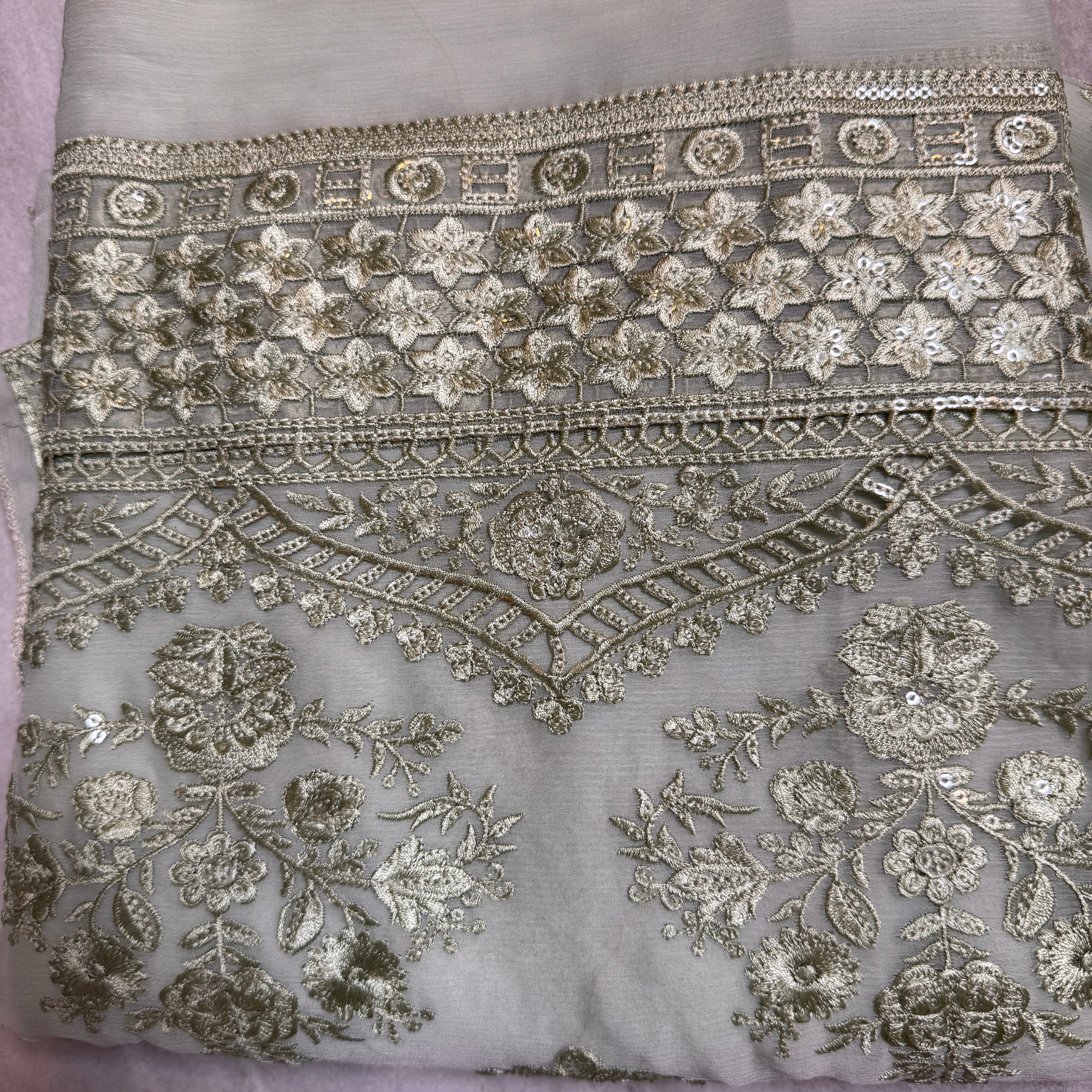 Thread work dress for women PWT004 light grey – crinkle chiffon with embroidery thread work and grip fabric inner Pakistan
