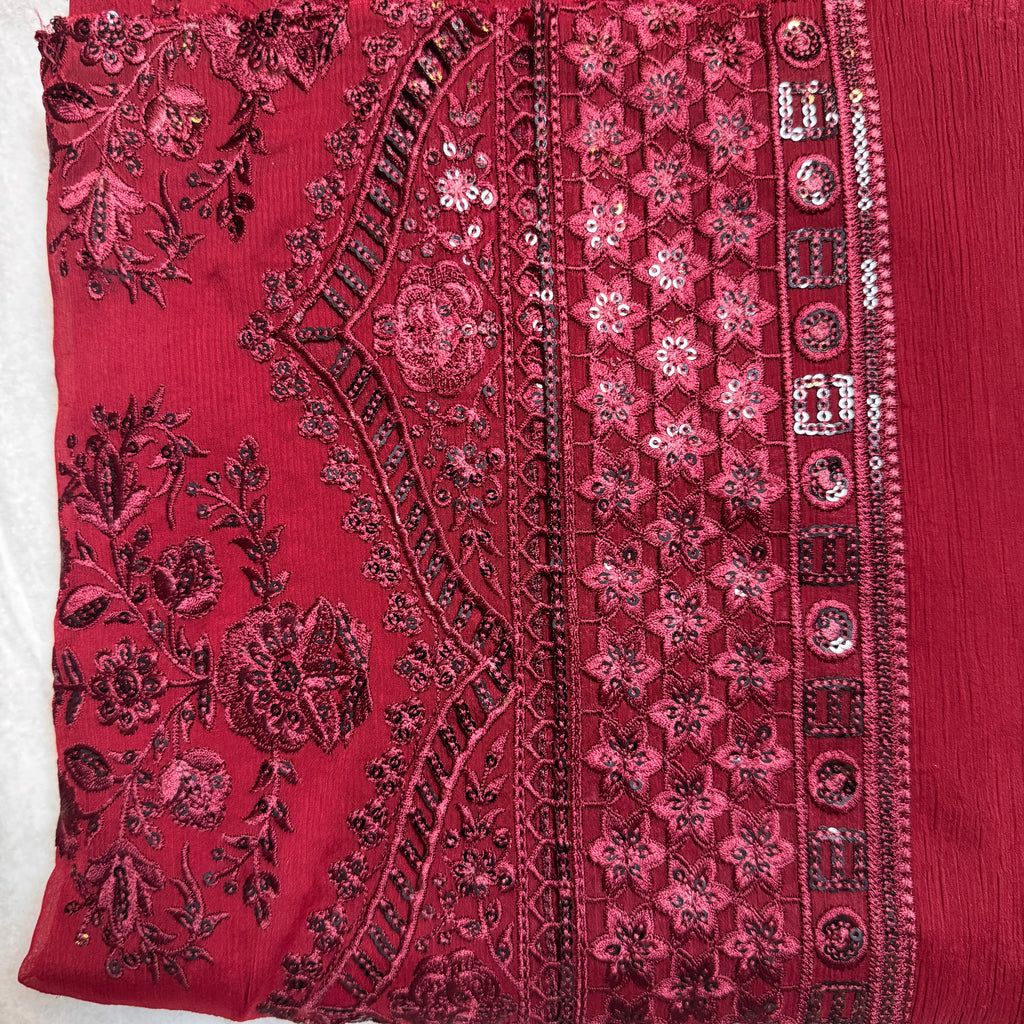 Thread work embroidery designs PWT004 maroon – crinkle chiffon with embroidery thread work Pakistani thread work dress
