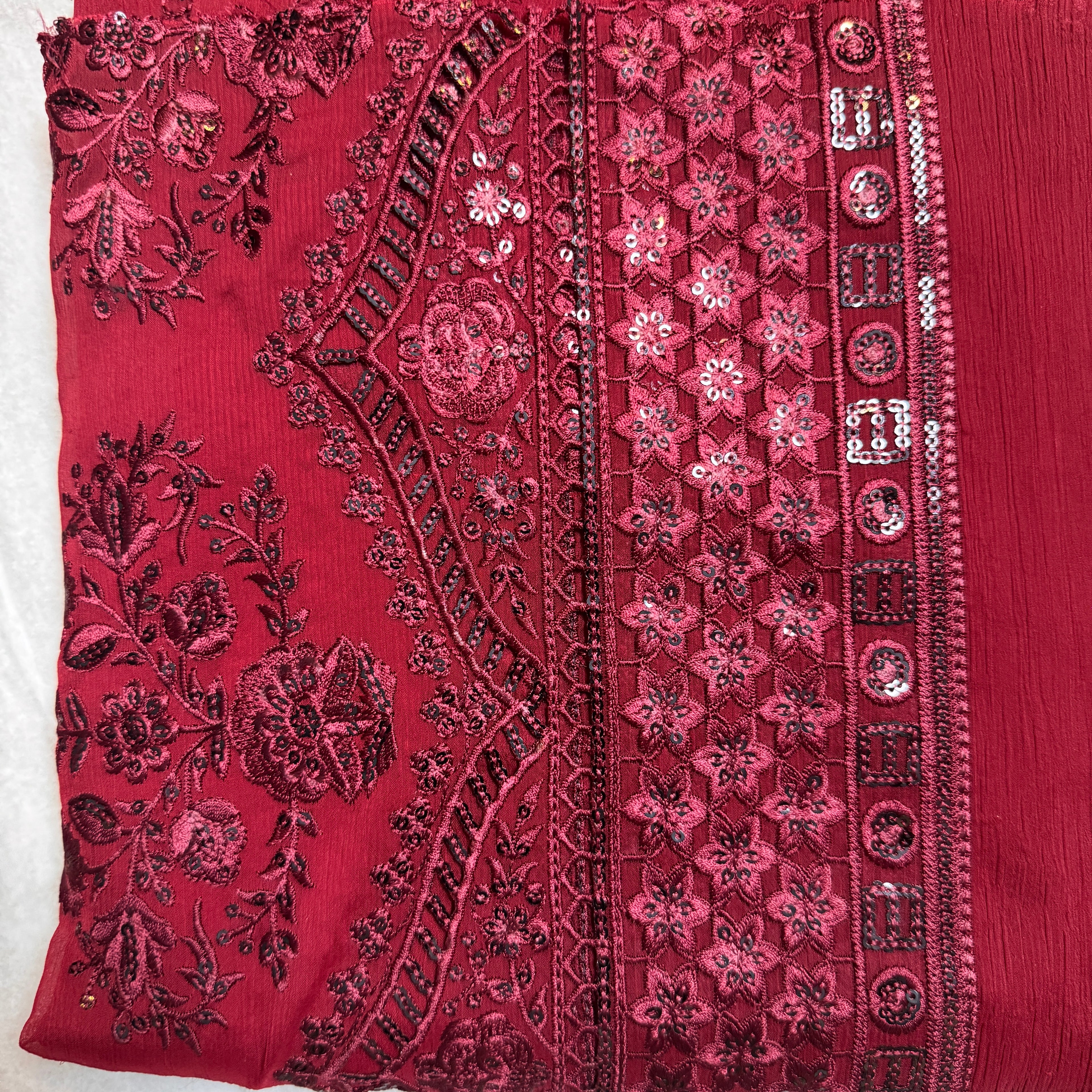 Thread work embroidery designs PWT004 maroon – crinkle chiffon with embroidery thread work Pakistani thread work dress
