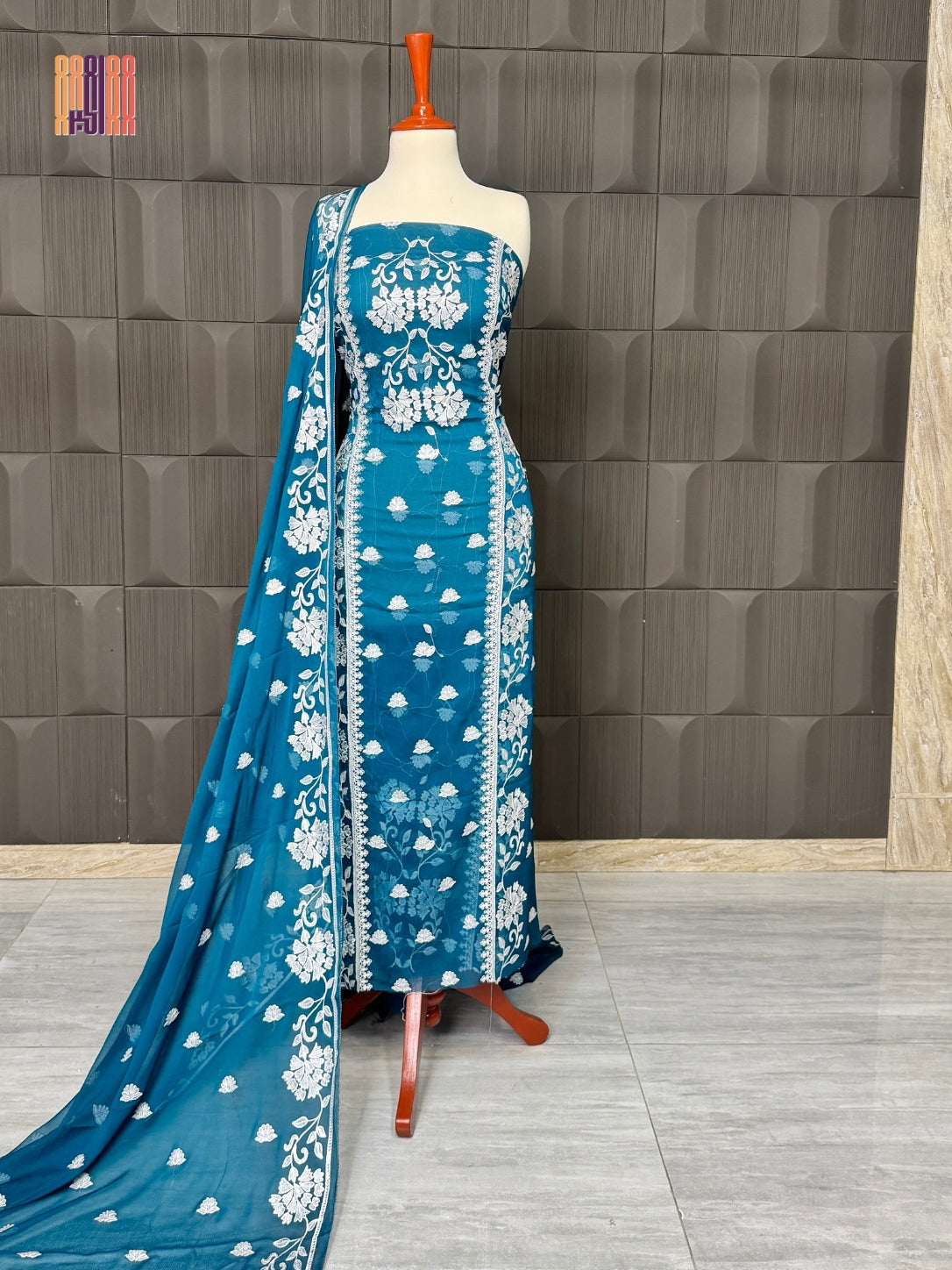 Thread work embroidery suit PWT007 full view – crinkle chiffon with embroidery thread work Pakistani thread work dress for women
