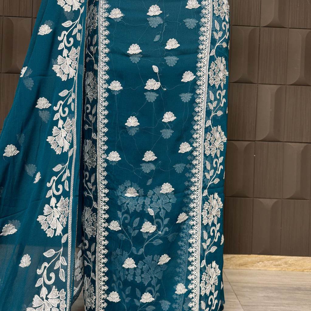Thread work dress for women PWT007 trouser view – grip fabric trouser with crinkle chiffon thread work suit Pakistan
