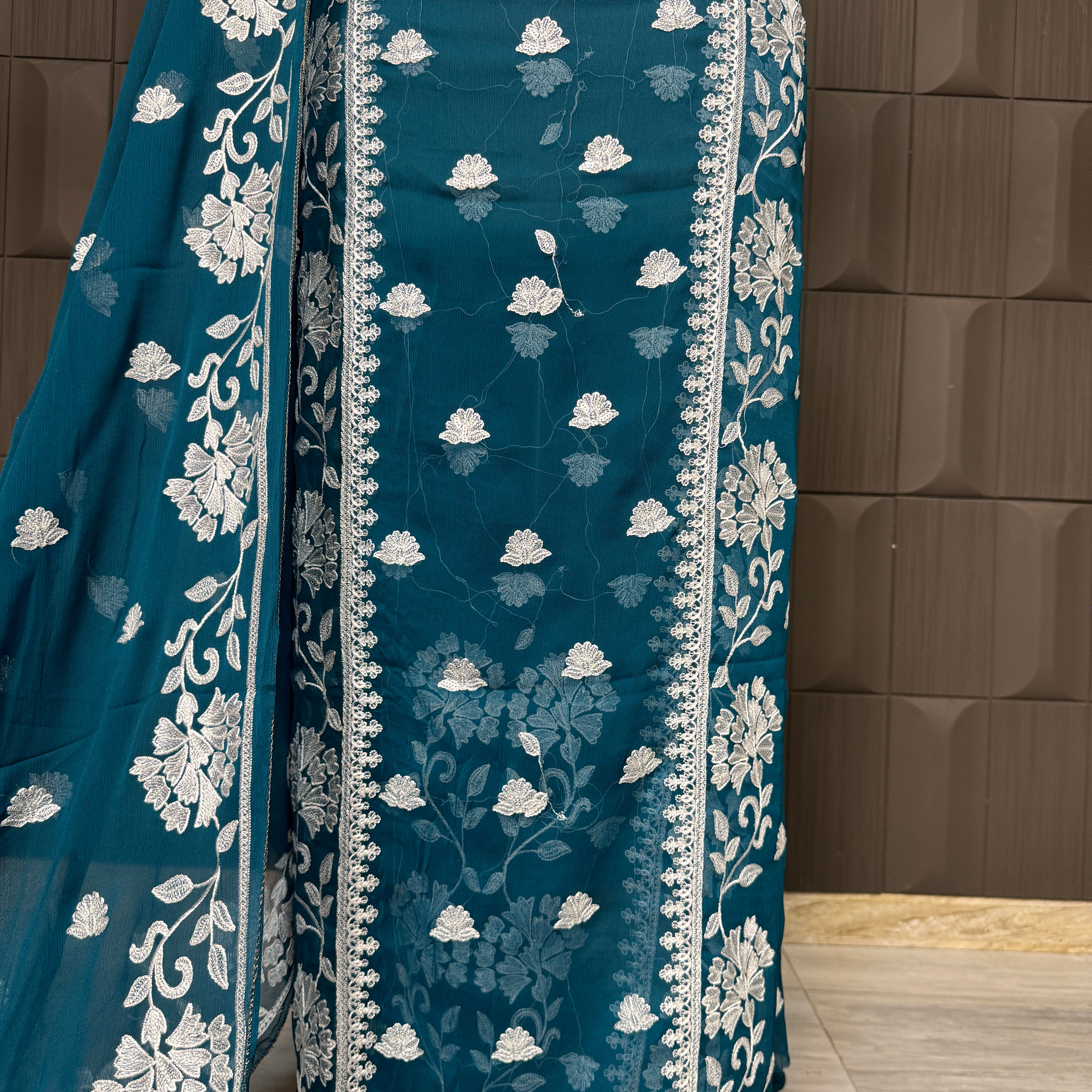 Thread work dress for women PWT007 trouser view – grip fabric trouser with crinkle chiffon thread work suit Pakistan
