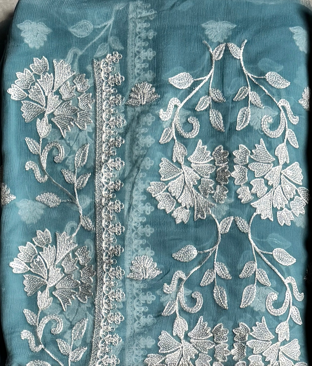 Thread work embroidery suit PWT007 sea green – crinkle chiffon with embroidery thread work and grip fabric inner Pakistan
