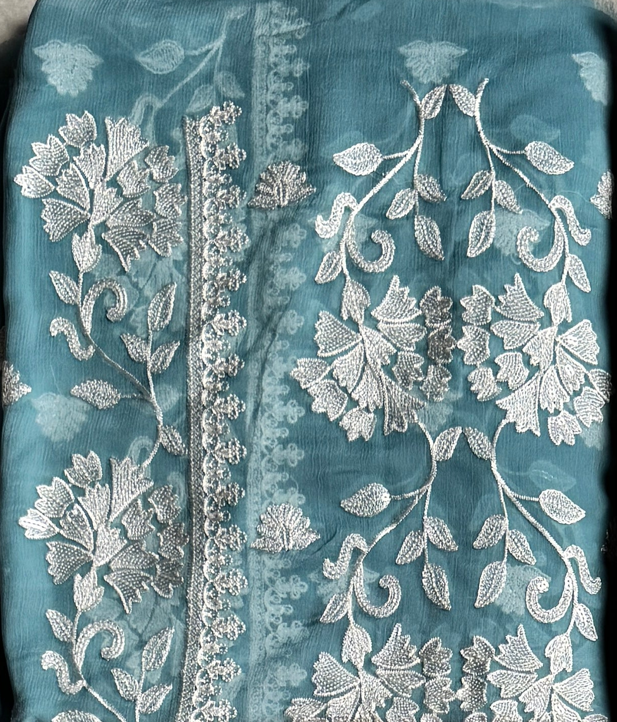 Thread work embroidery suit PWT007 sea green – crinkle chiffon with embroidery thread work and grip fabric inner Pakistan
