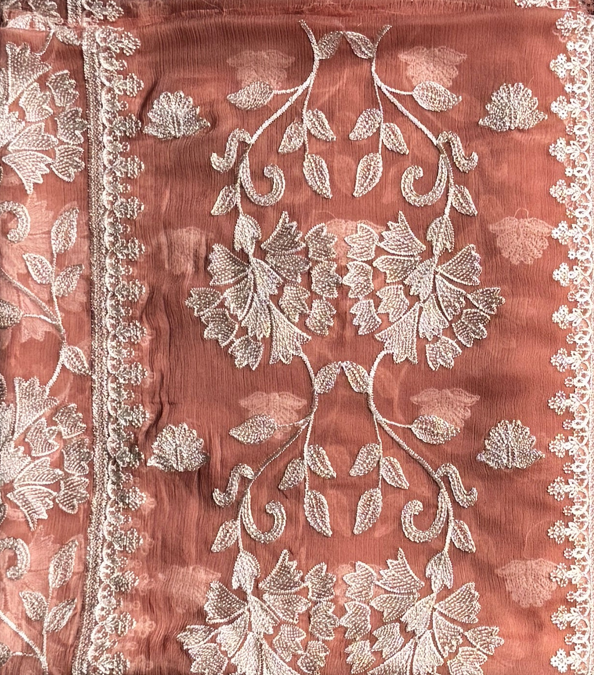 Thread work dresses PWT007 peach – crinkle chiffon with embroidery thread work Pakistani thread work dress for women
