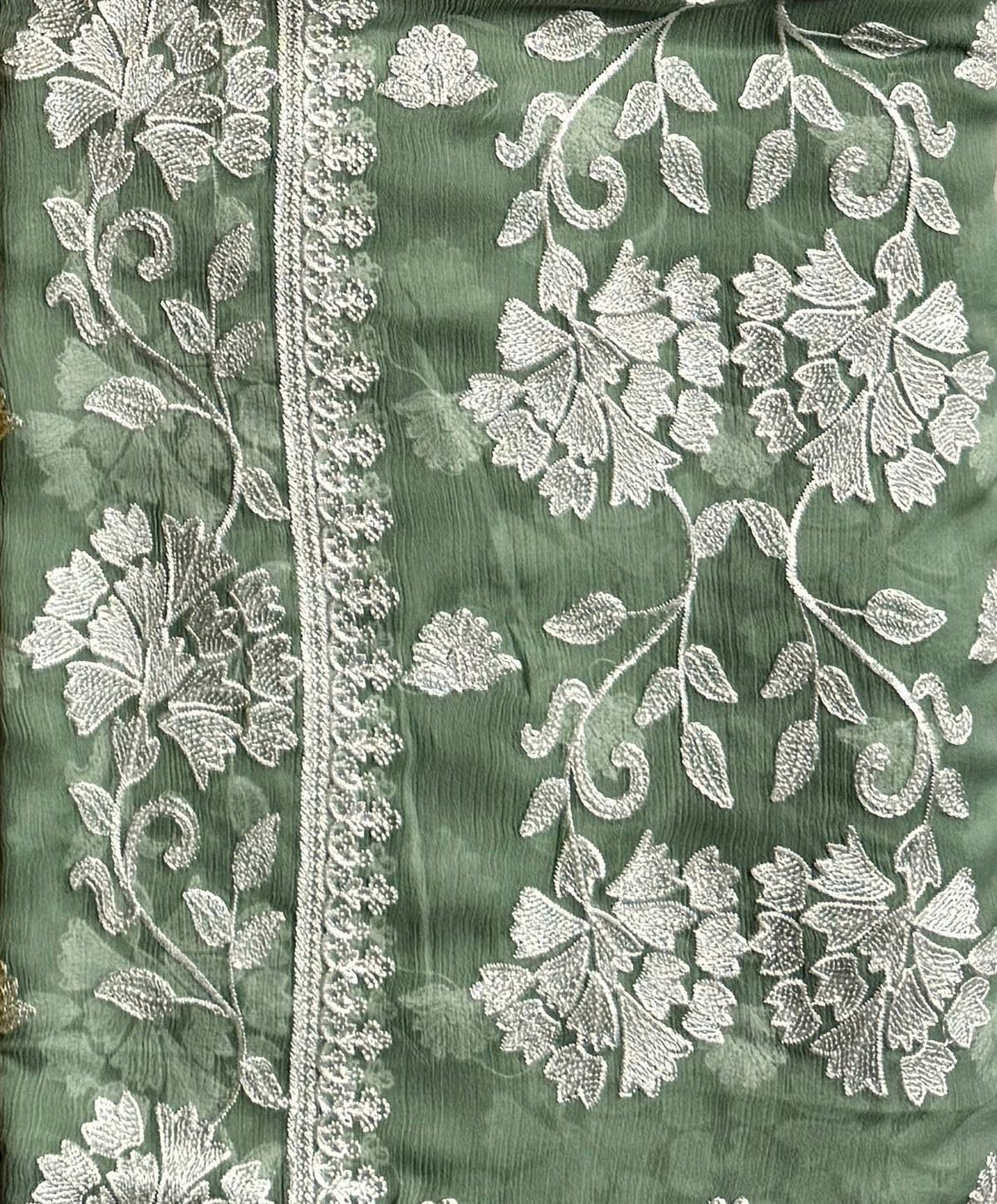 Thread work dress for women PWT007 pista green – crinkle chiffon with embroidery thread work and grip fabric inner Pakistan
