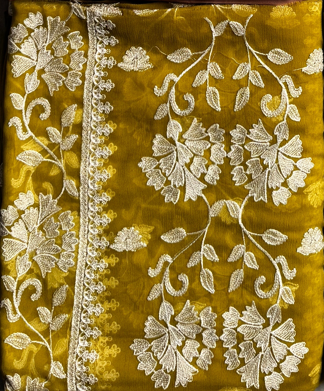 Thread work embroidery designs PWT007 golden – crinkle chiffon with embroidery thread work Pakistani thread work suit design
