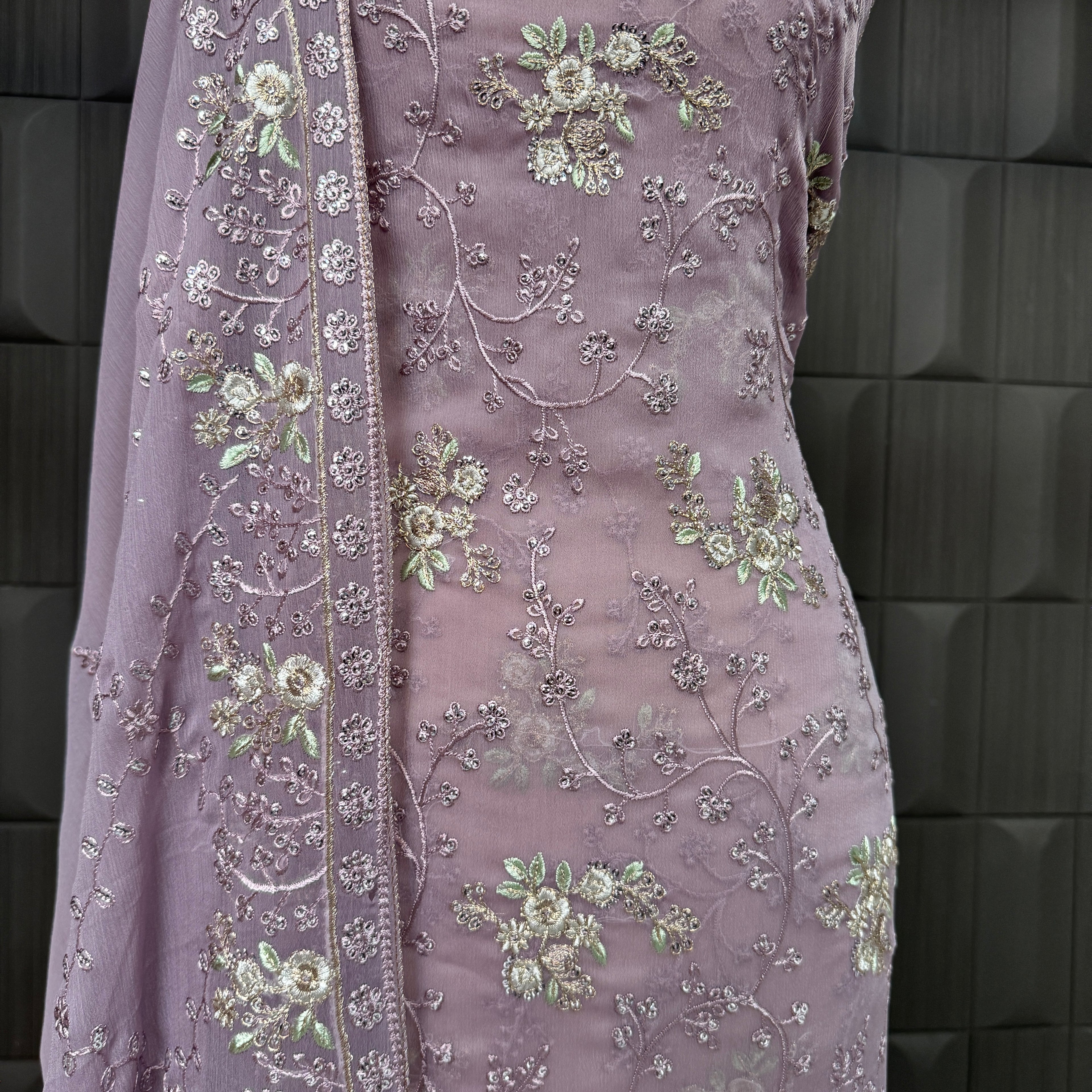 Thread work dress for women PWT008 trouser view – grip fabric trouser with crinkle chiffon thread work suit Pakistan
