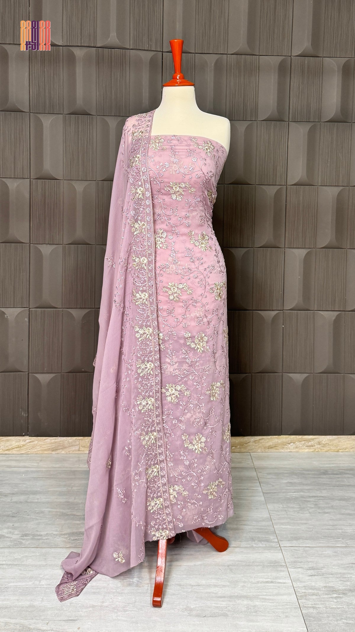 Thread work embroidery suit PWT008 full view – crinkle chiffon with embroidery thread work Pakistani thread work dress for women
