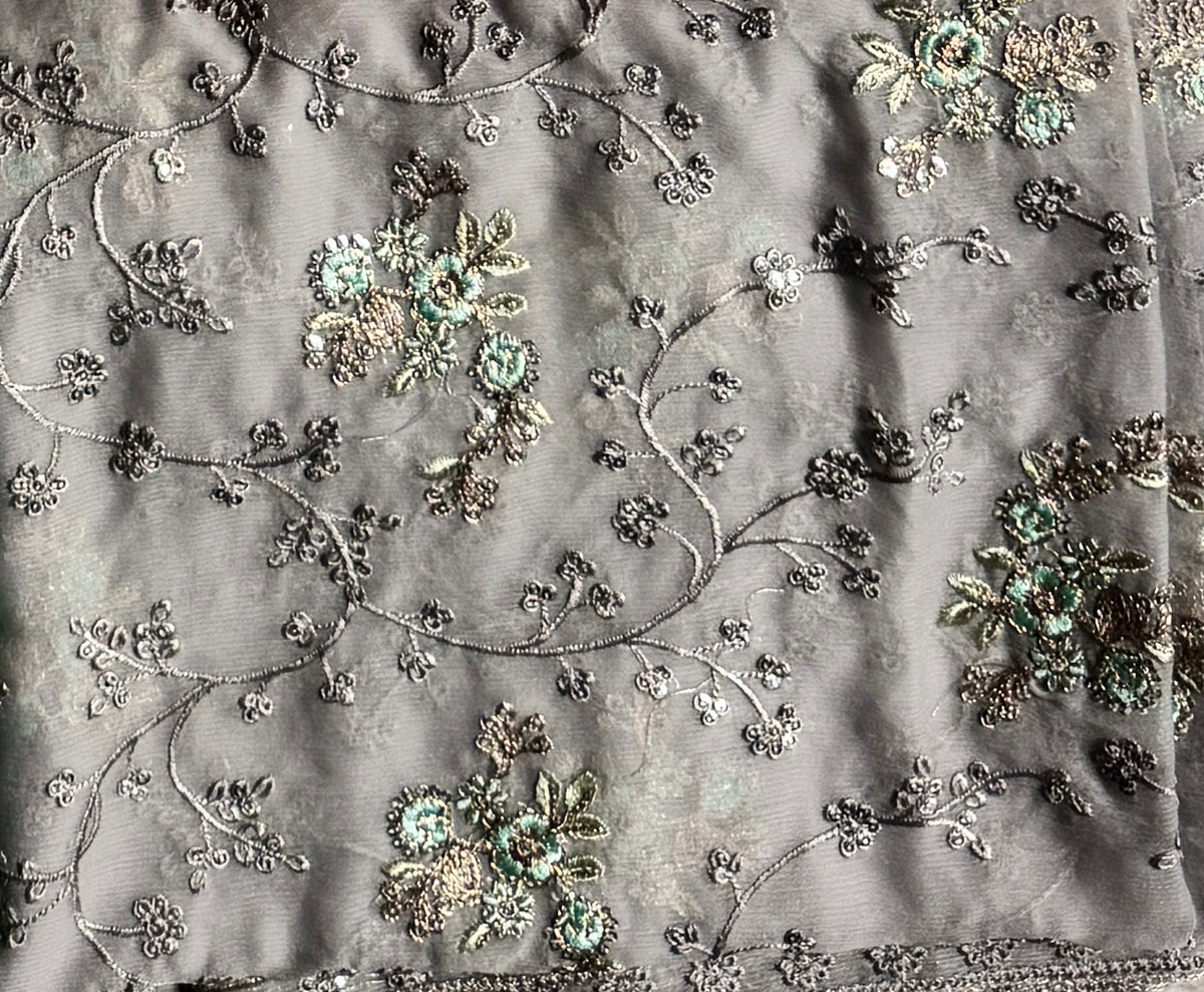 Thread work dress for women PWT008 grey – crinkle chiffon with embroidery thread work and grip fabric inner Pakistan
