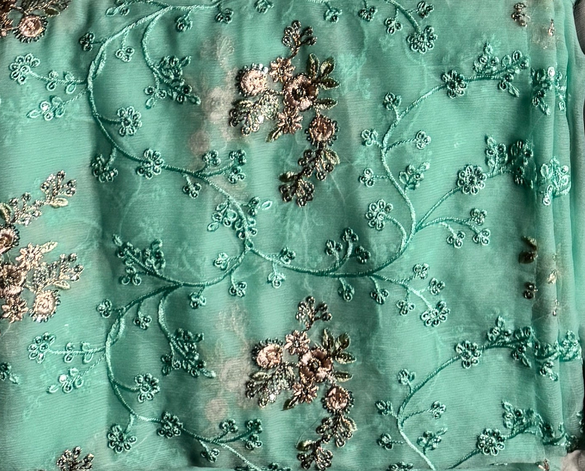 Thread work embroidery designs PWT008 sea green – crinkle chiffon with embroidery thread work Pakistani thread work suit design
