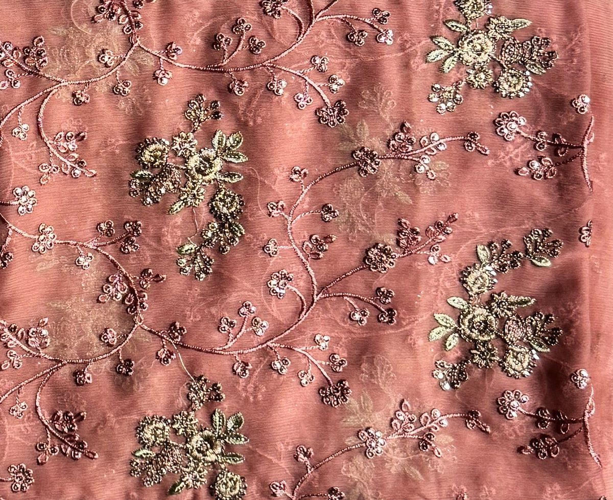 Crinkle chiffon suit PWT008 peach – crinkle chiffon with embroidery thread work and grip fabric inner Pakistan
