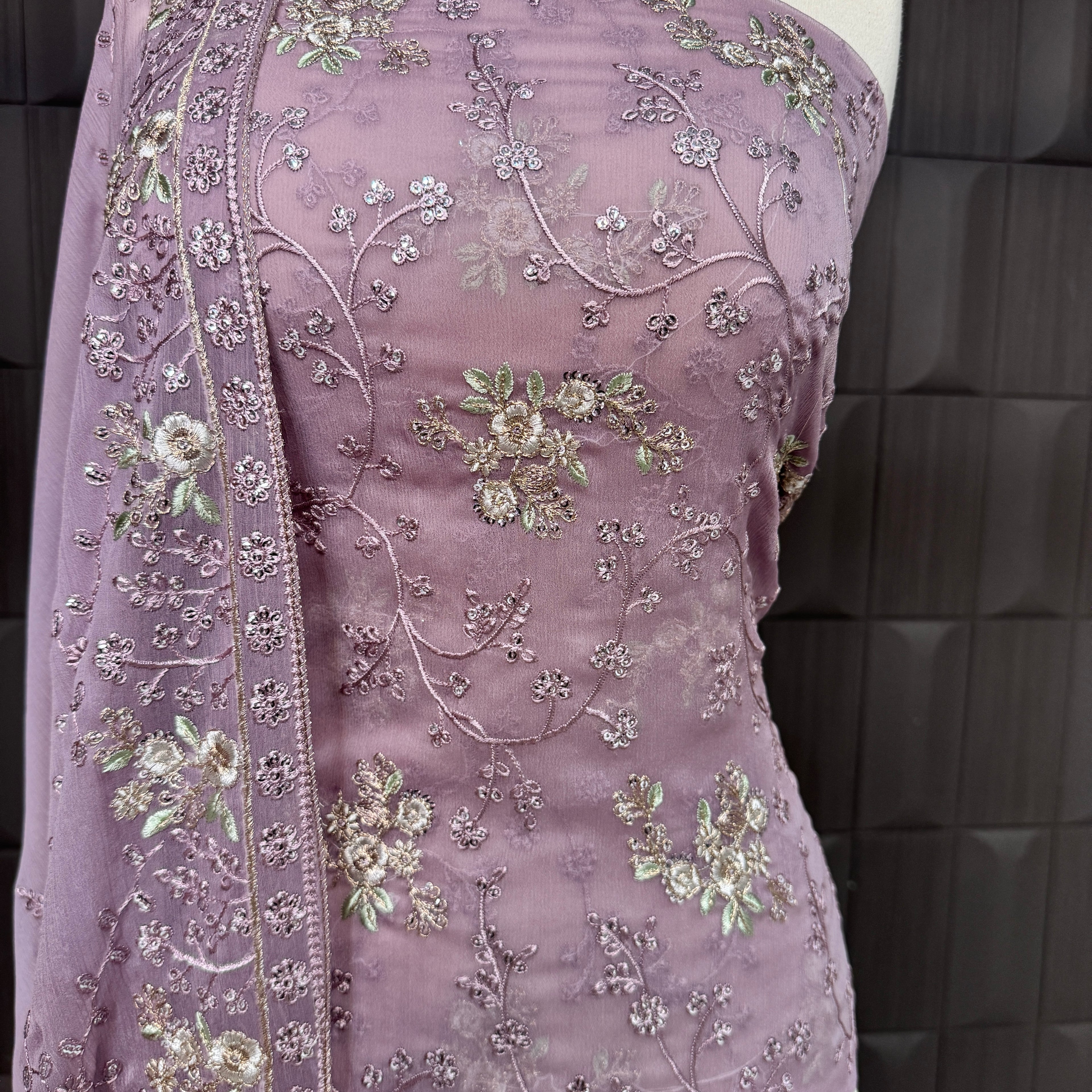 Thread work designs PWT008 shirt close up – embroidery thread work detail on crinkle chiffon fabric Pakistan
