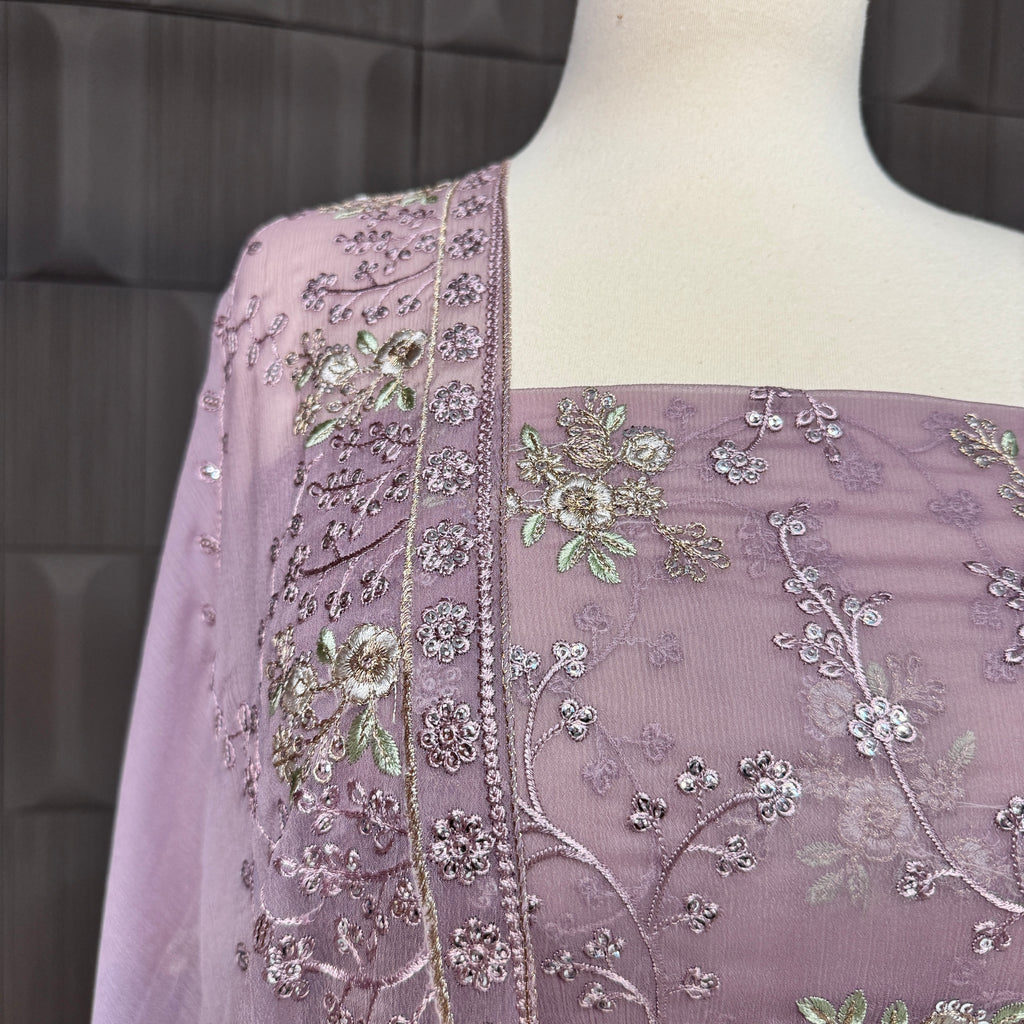 Thread work designs PWT008 shirt close up – embroidery thread work detail on crinkle chiffon fabric Pakistan
