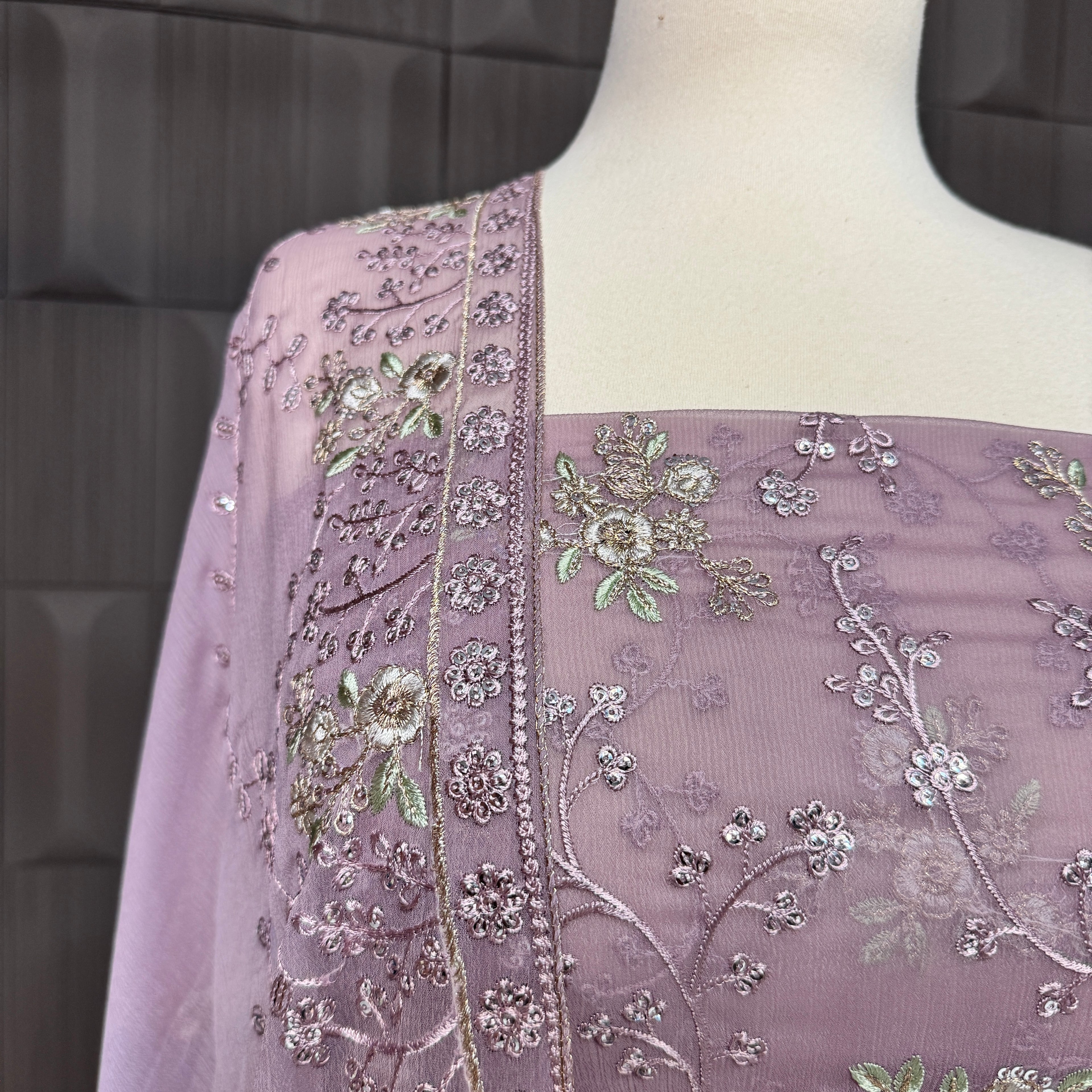 Thread work designs PWT008 shirt close up – embroidery thread work detail on crinkle chiffon fabric Pakistan
