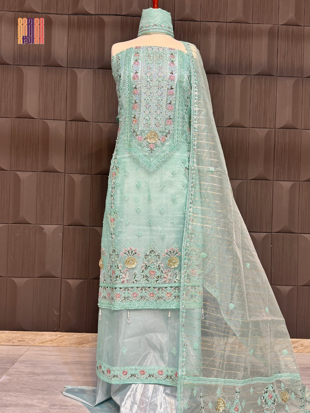 Thread work embroidery suit PWT005 full view – organza with embroidery thread work Pakistani thread work dress for women
