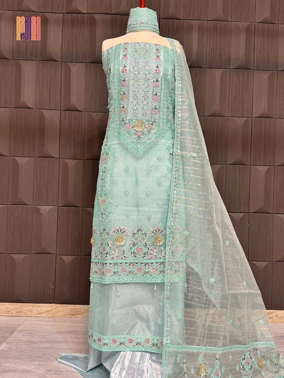 Thread work embroidery suit PWT005 full view – organza with embroidery thread work Pakistani thread work dress for women
