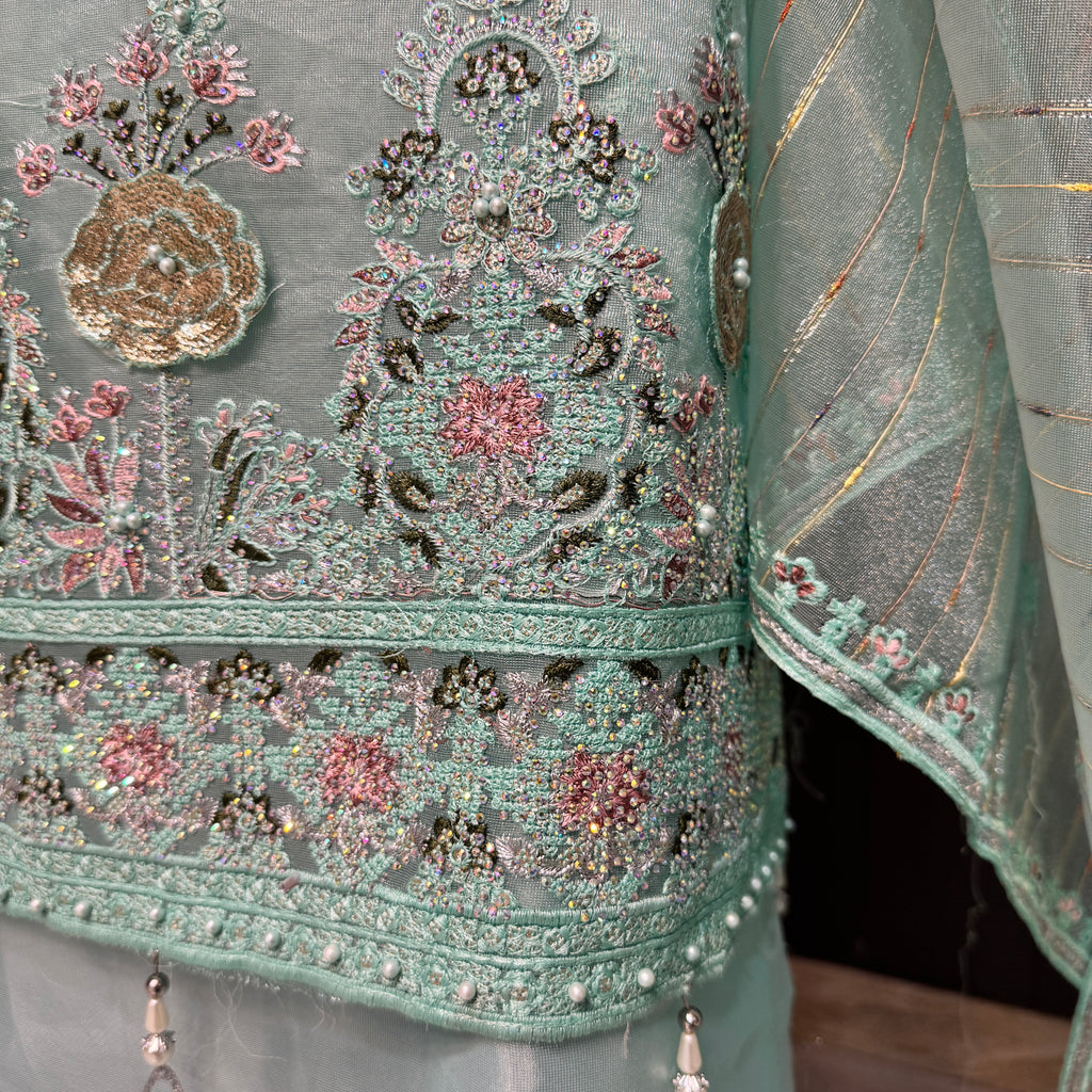 Thread work embroidery suit PWT005 turquoise – organza with embroidery thread work and super katan inner Pakistan
