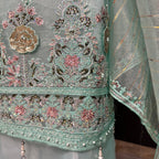 Thread work embroidery suit PWT005 turquoise – organza with embroidery thread work and super katan inner Pakistan
