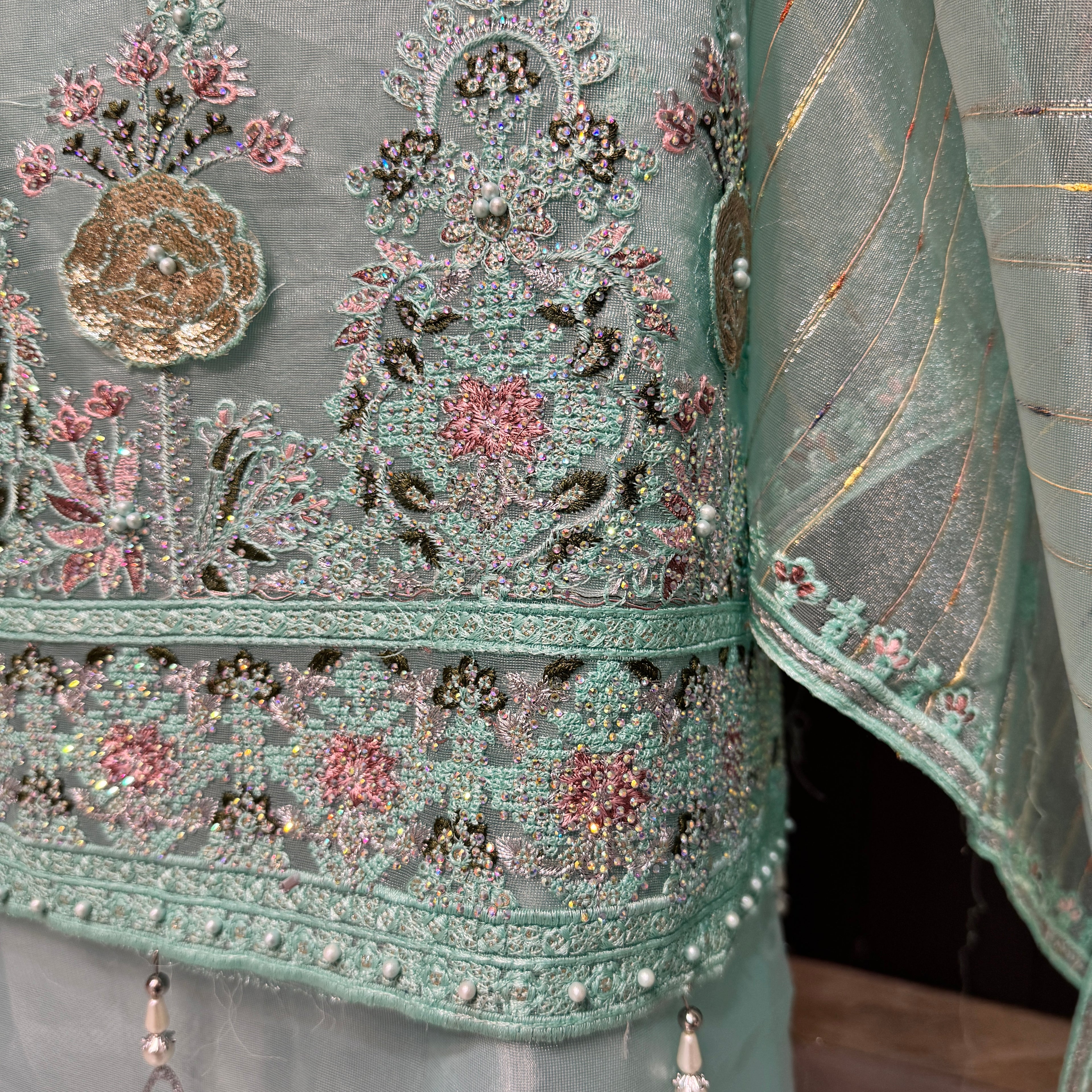 Thread work embroidery suit PWT005 turquoise – organza with embroidery thread work and super katan inner Pakistan
