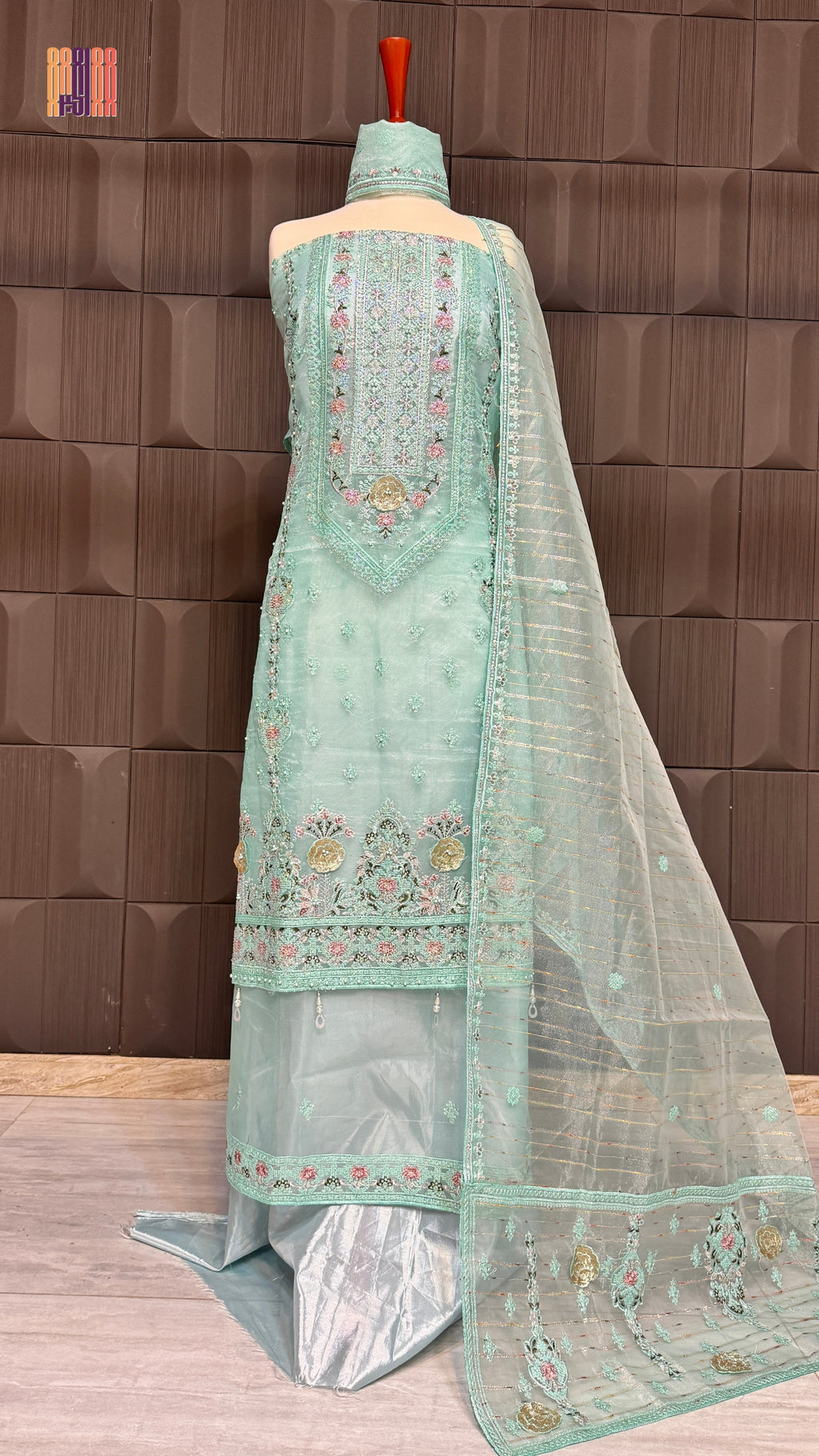 Thread work embroidery suit PWT005 full view – organza with embroidery thread work Pakistani thread work dress for women

