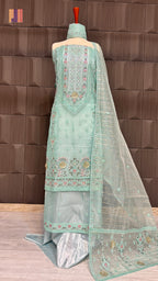 Thread work embroidery suit PWT005 full view – organza with embroidery thread work Pakistani thread work dress for women
