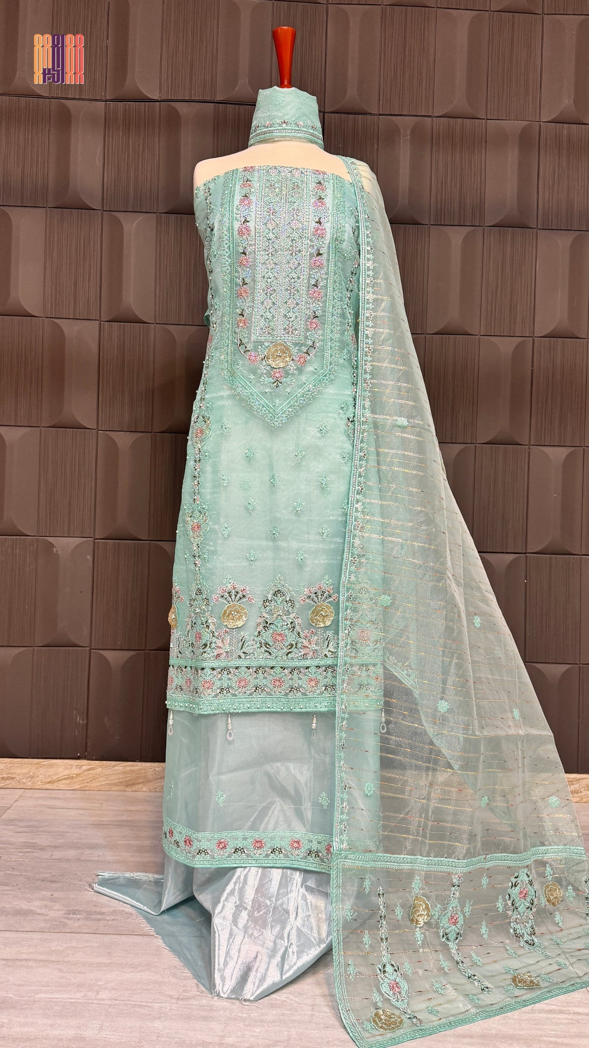 Thread work embroidery suit PWT005 full view – organza with embroidery thread work Pakistani thread work dress for women
