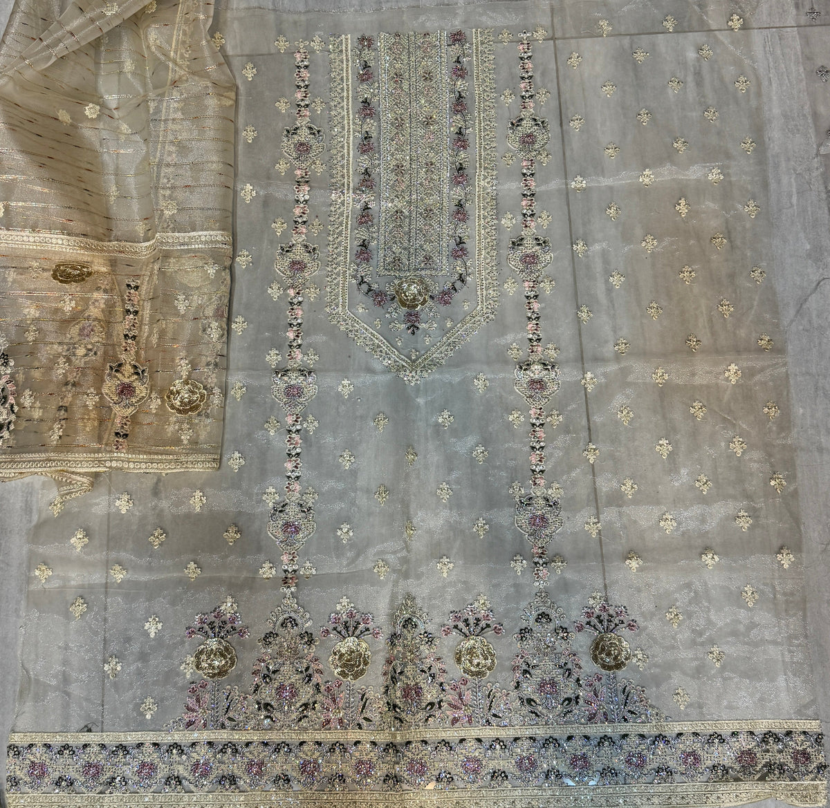 Thread work dupatta suit PWT005 skin – organza with embroidery thread work Pakistani thread work dress for women
