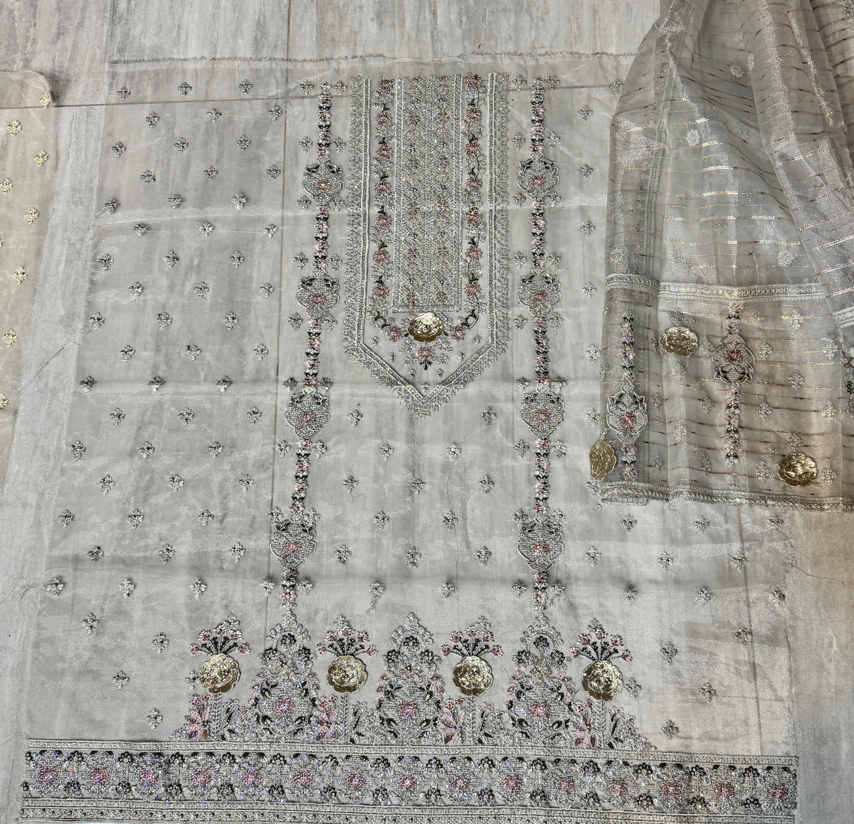 Thread work dresses PWT005 grey – organza with embroidery thread work Pakistani thread work dress for women
