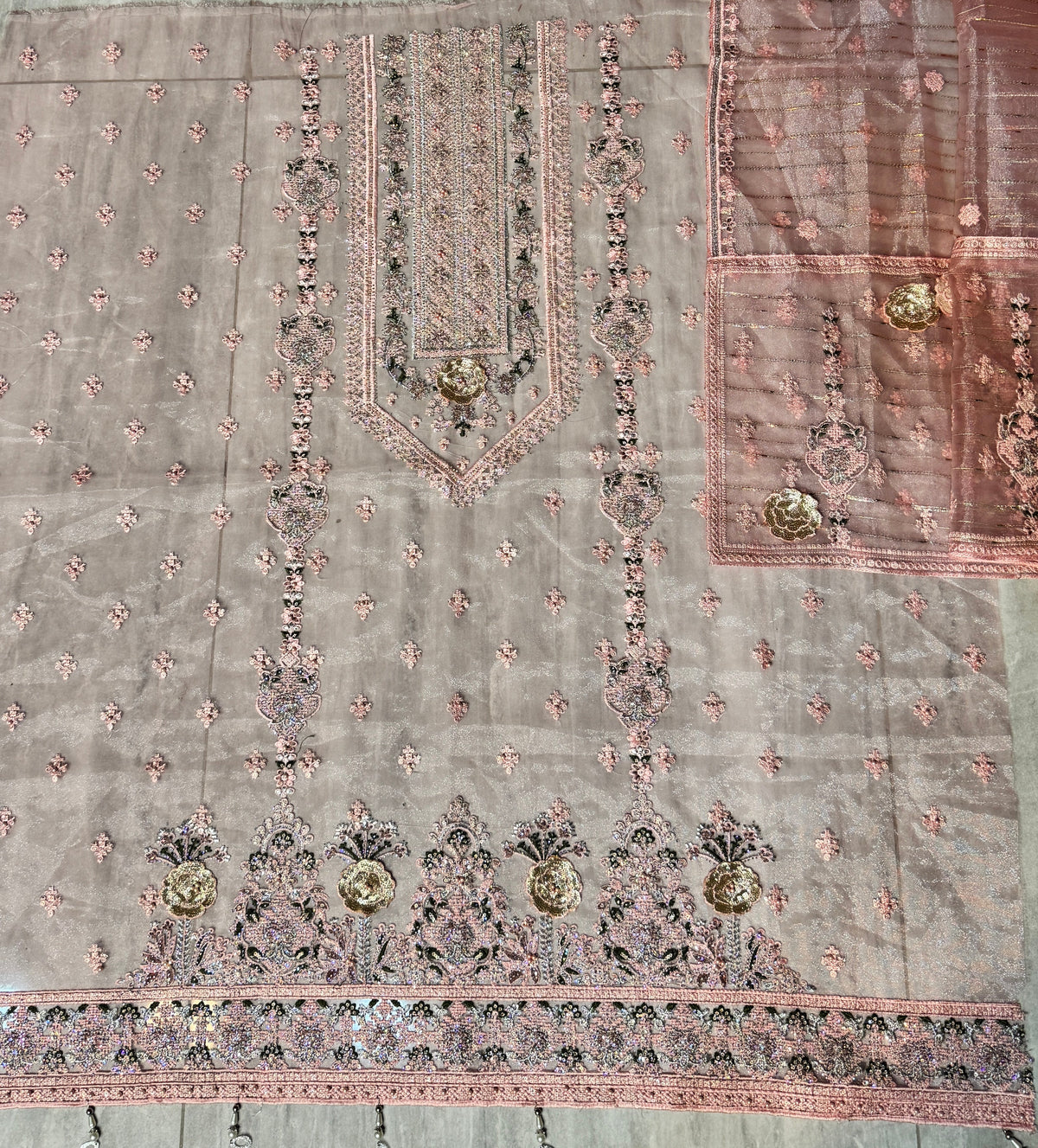 Thread work embroidery designs PWT005 pink – organza with embroidery thread work Pakistani thread work suit design
