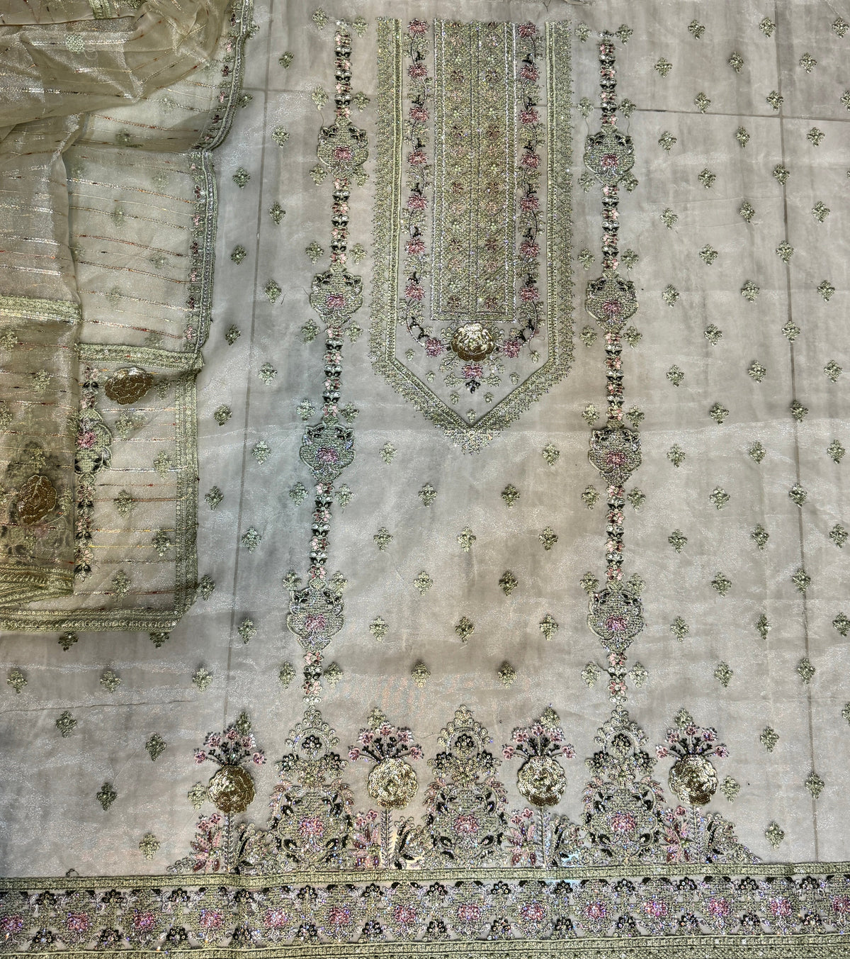 Thread work dress for women PWT005 pista – organza with embroidery thread work and super katan inner Pakistan
