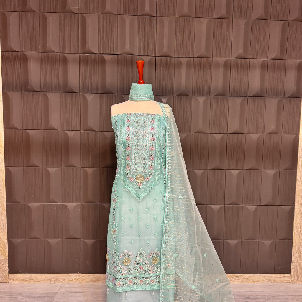 Thread work embroidery suit PWT005 full view – organza with embroidery thread work Pakistani thread work dress for women
