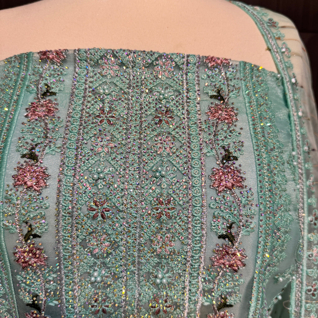 Thread work designs PWT005 shirt close up – embroidery thread work detail on organza fabric Pakistan
