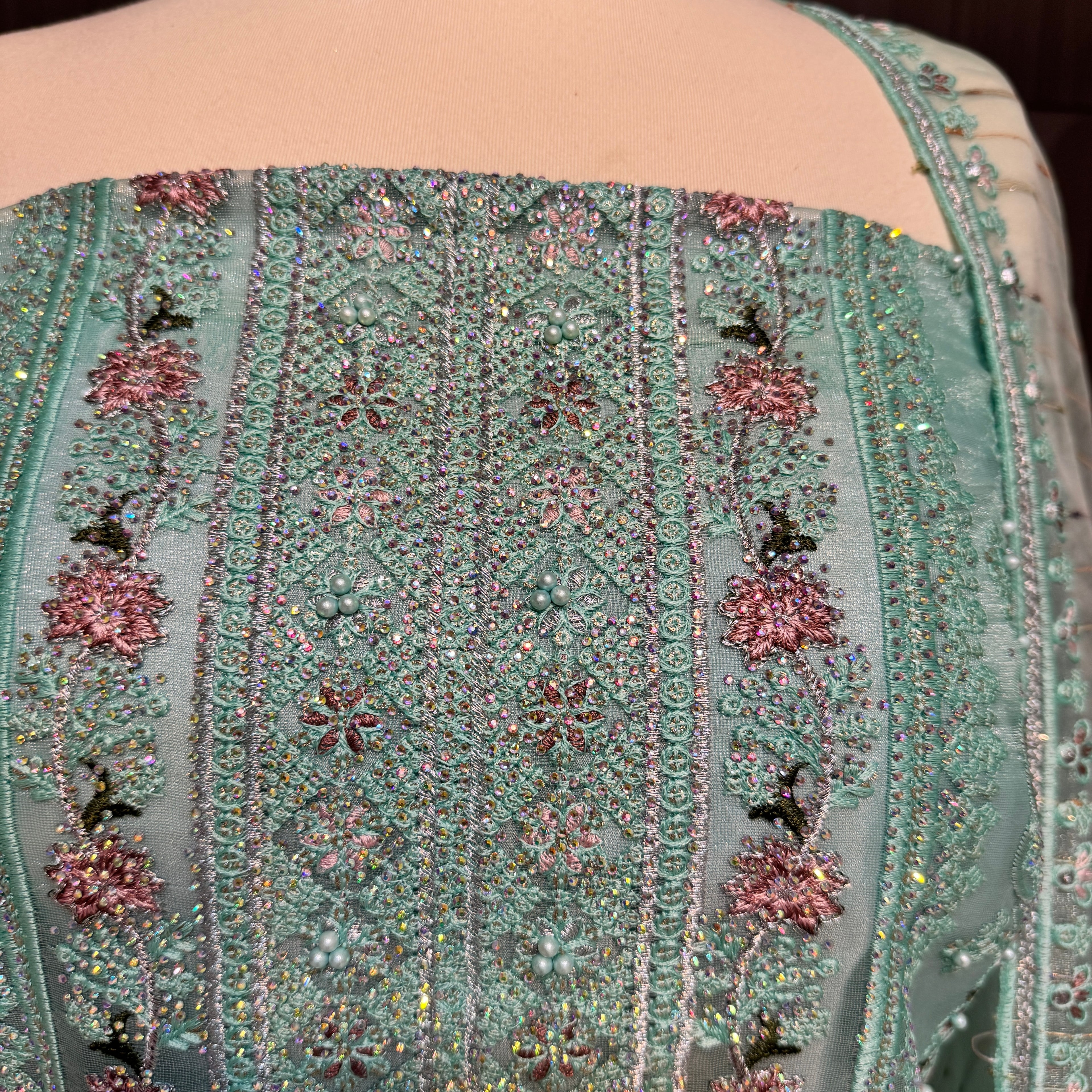 Thread work designs PWT005 shirt close up – embroidery thread work detail on organza fabric Pakistan
