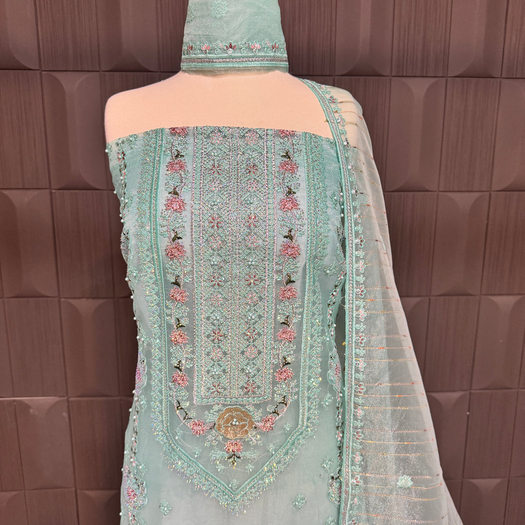 Thread work dresses PWT005 shirt front view – organza with embroidery thread work Pakistani thread work suit design
