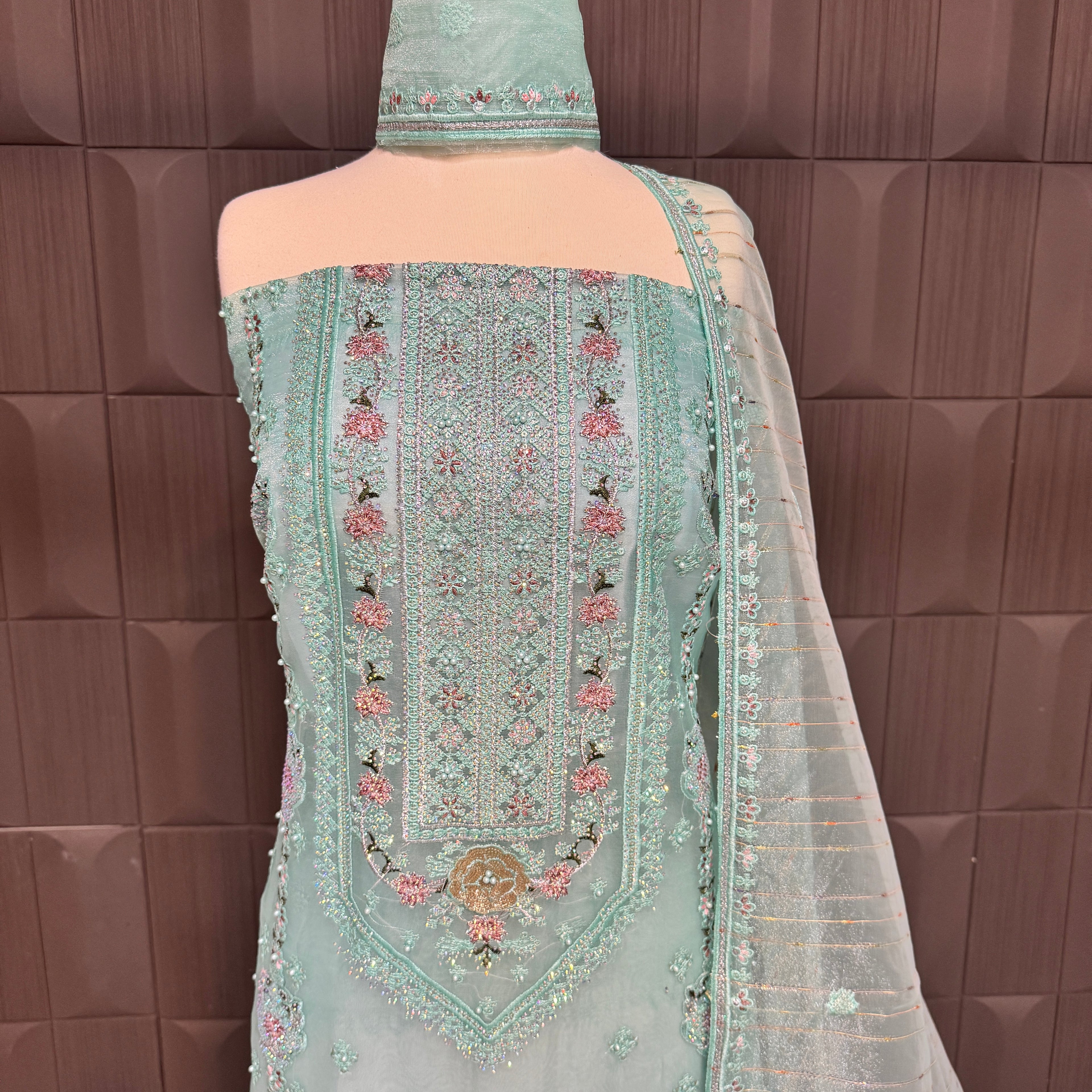 Thread work dresses PWT005 shirt front view – organza with embroidery thread work Pakistani thread work suit design
