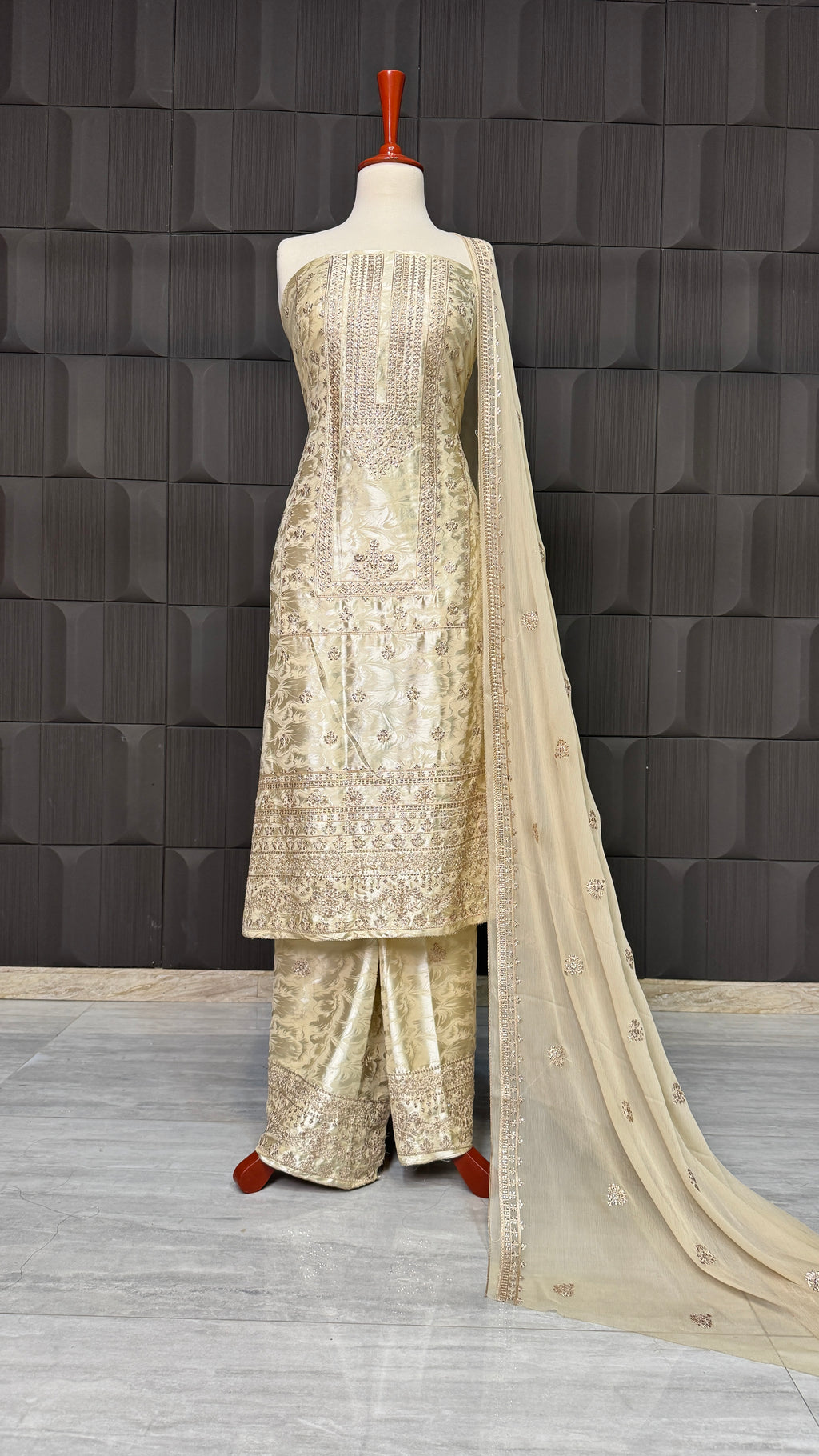 Party Wear Thread Embroidery Work 4pcs Unstitched Suit Silk China Patti - PWT006
