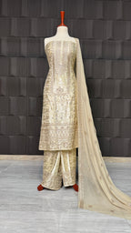 Party Wear Thread Embroidery Work 4pcs Unstitched Suit Silk China Patti - PWT006