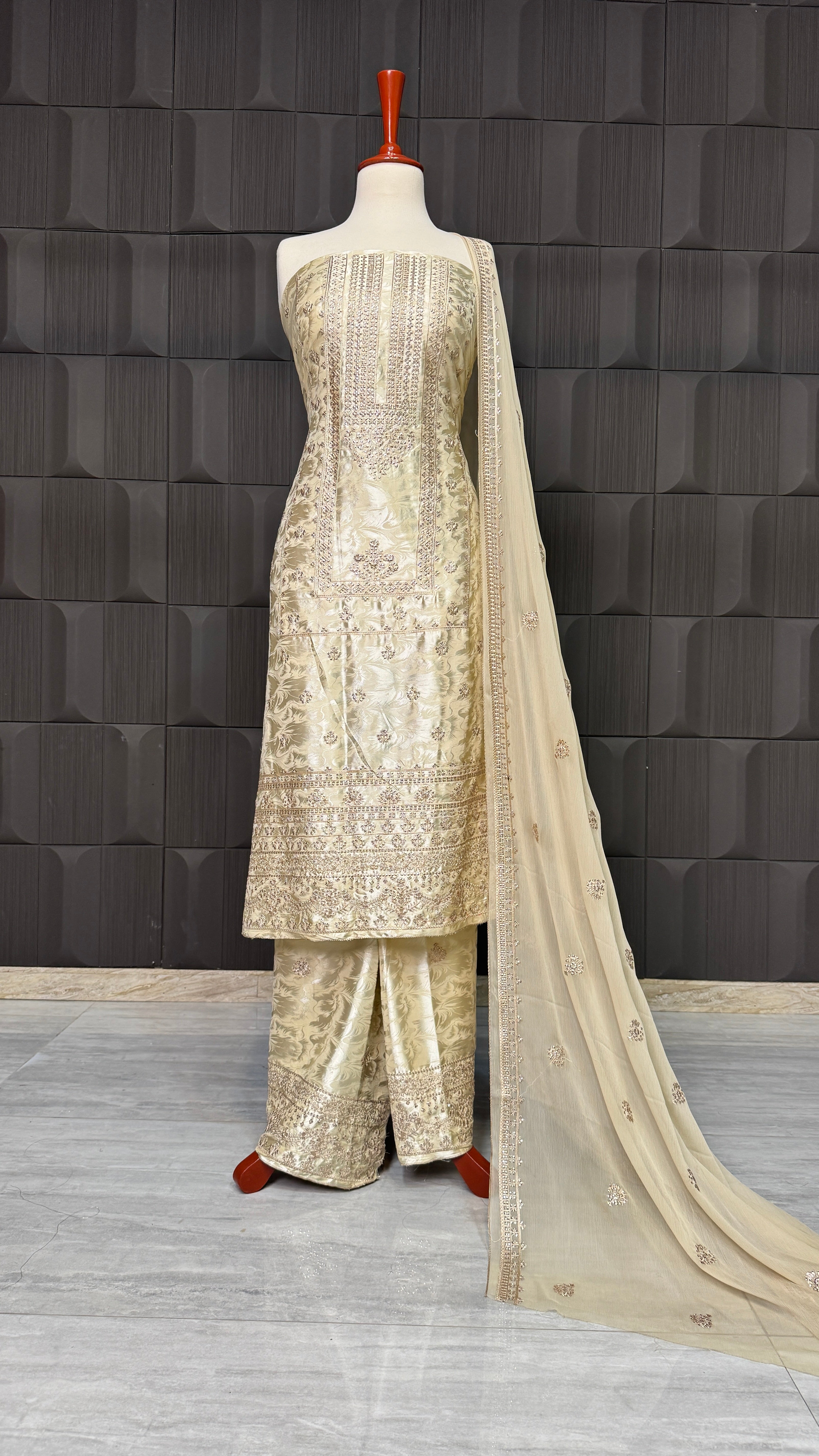 Party Wear Thread Embroidery Work 4pcs Unstitched Suit Silk China Patti - PWT006