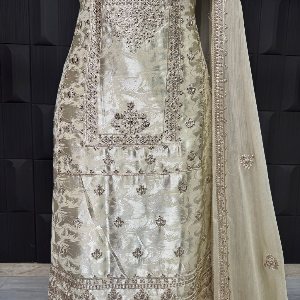 Party Wear Thread Embroidery Work 4pcs Unstitched Suit Silk China Patti - PWT006